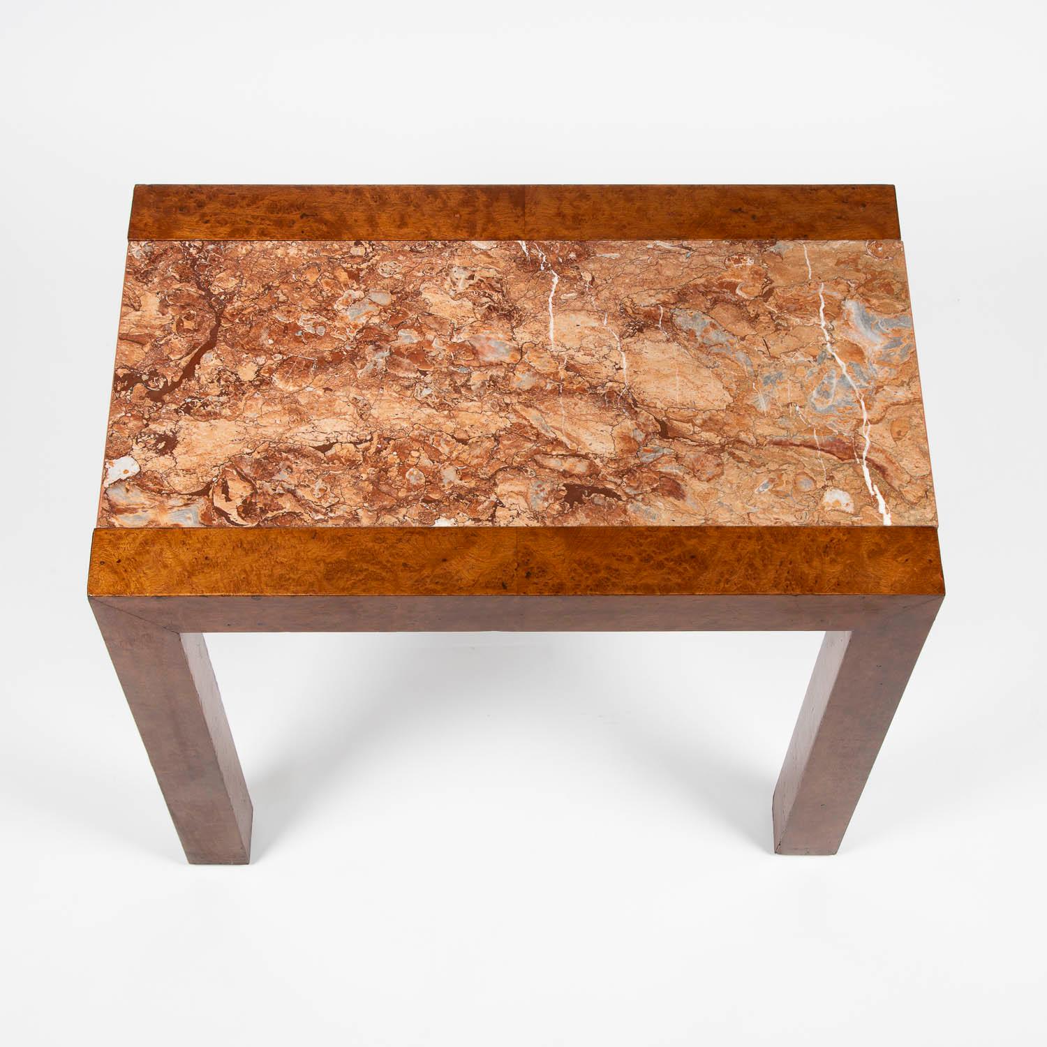 Post-Modern Pair of Amboyna Side Tables with Alicante Marble Tops