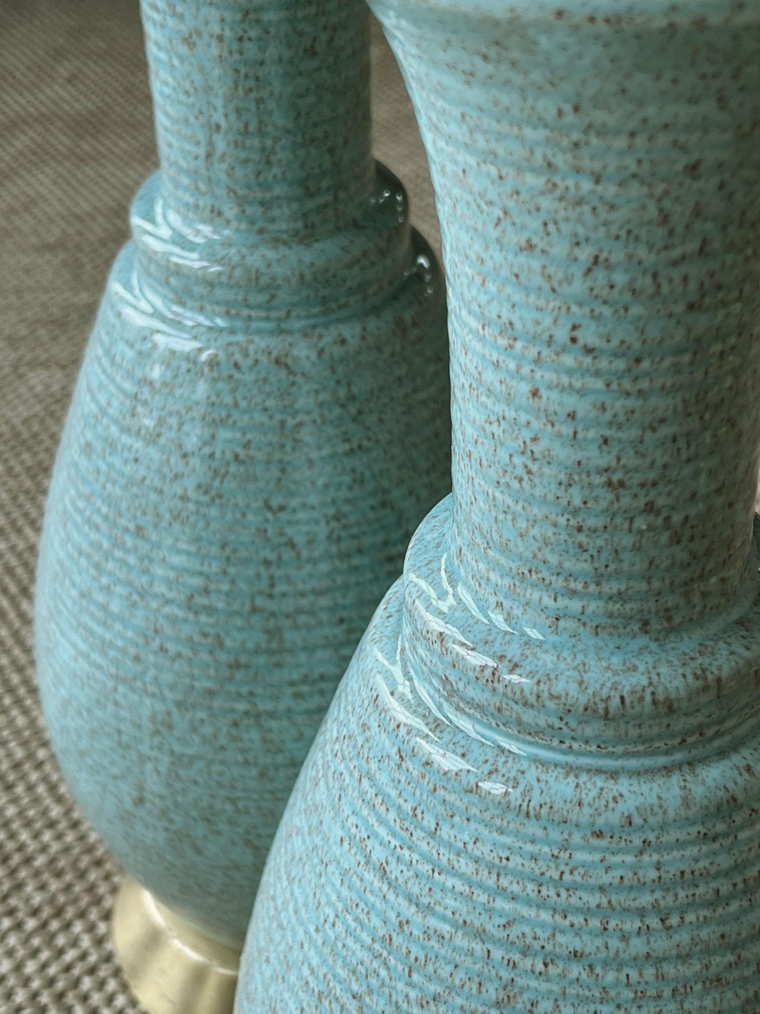 Mid-Century Modern A Pair of American 1960s Hand-thrown Pottery Seafoam-Green Glazed Lamps For Sale