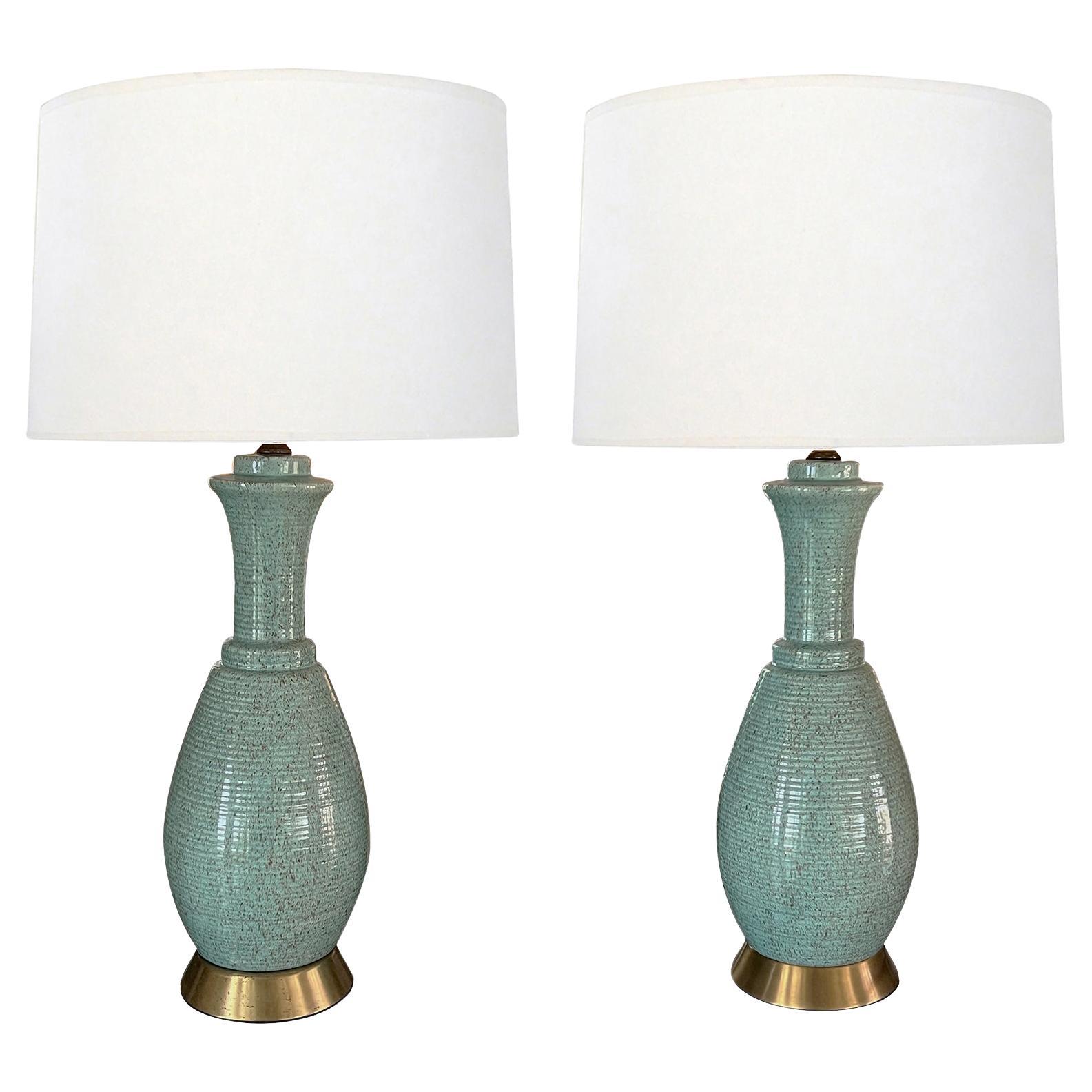 A Pair of American 1960s Hand-thrown Pottery Seafoam-Green Glazed Lamps For Sale