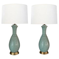 Vintage A Pair of American 1960s Hand-thrown Pottery Seafoam-Green Glazed Lamps