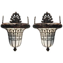 Antique Pair of American Early 20th Century Bronze and Leaded Glass Wall Sconces