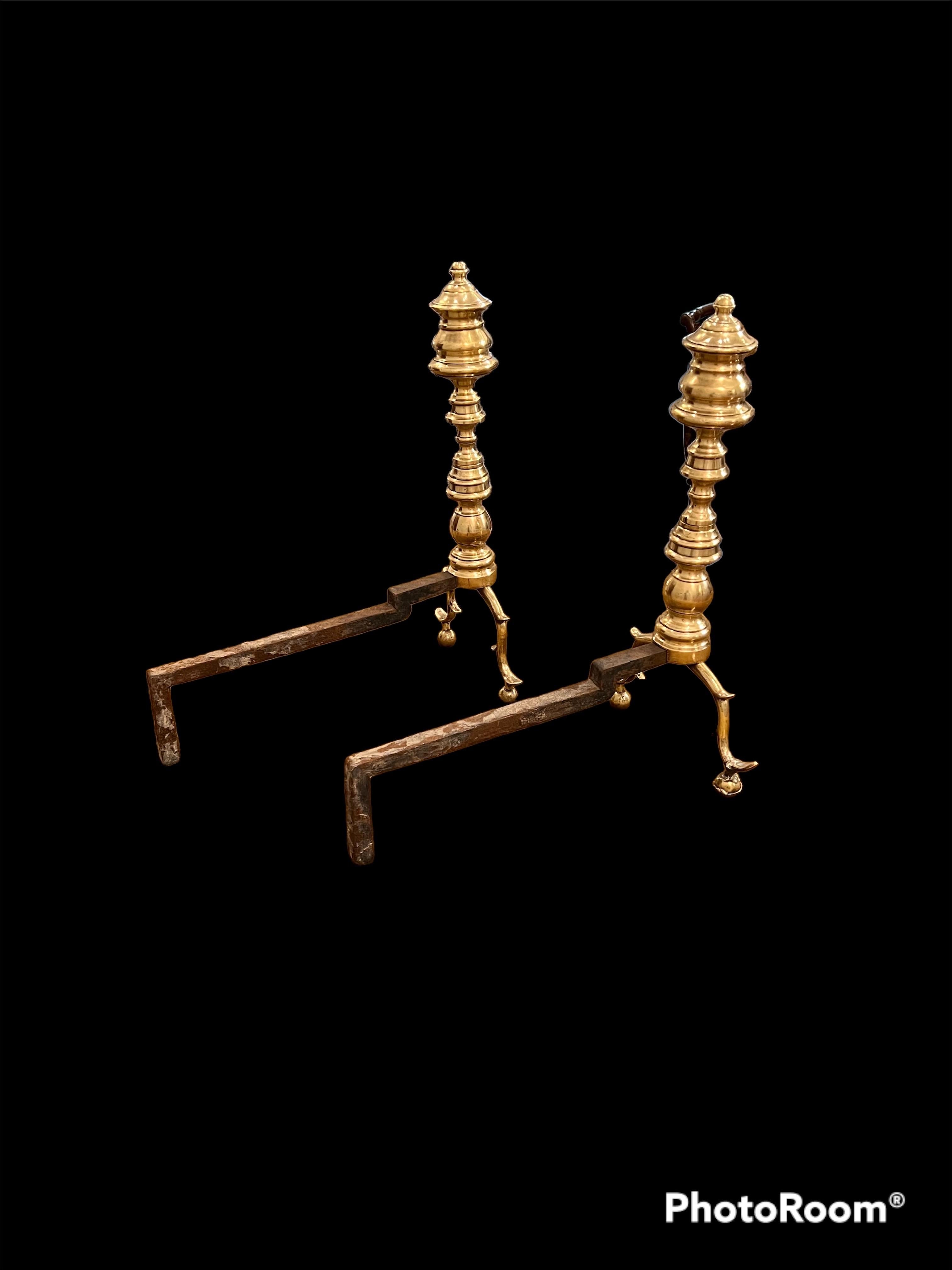 Pair of American Federal Period Finial Form Brass Andirons 2