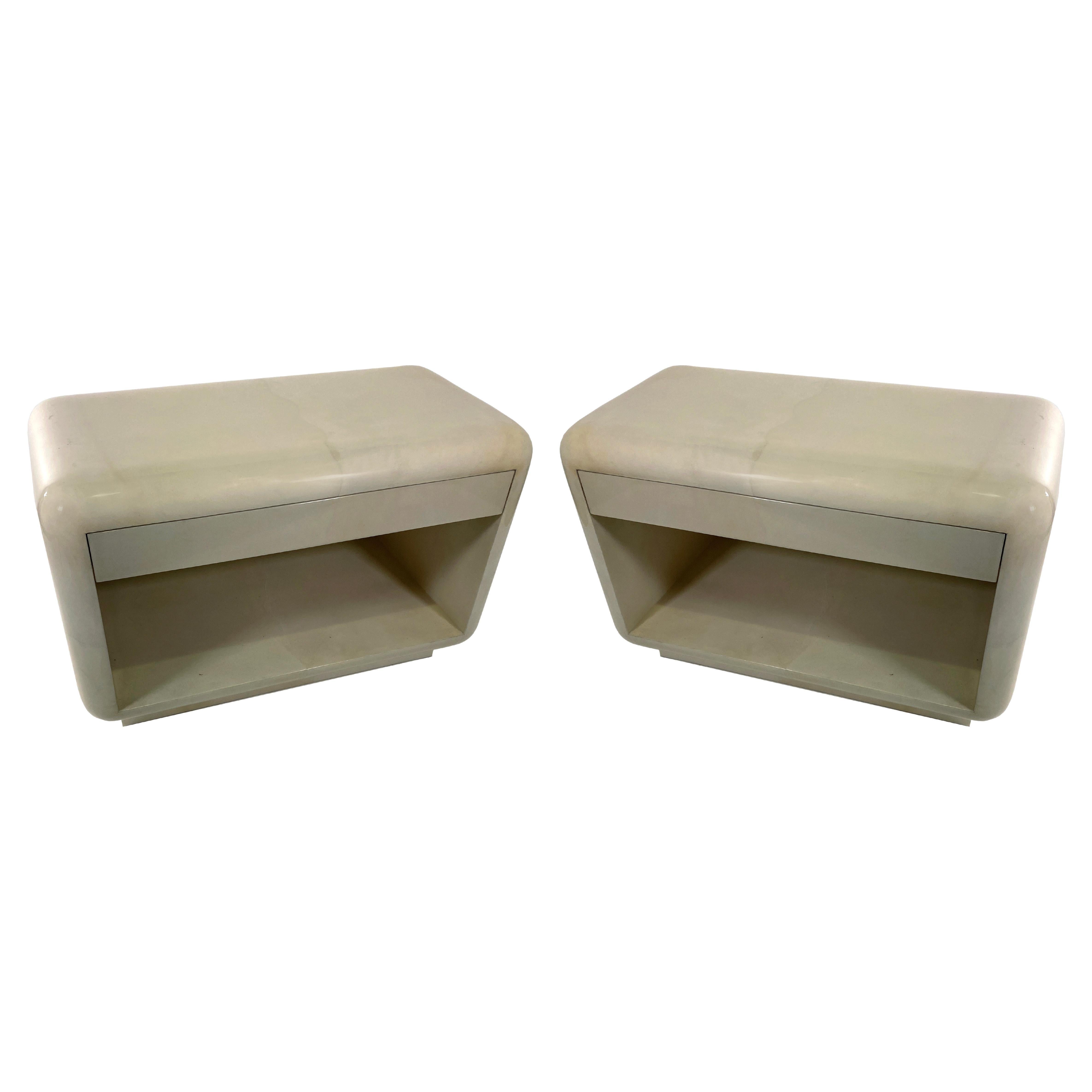 A Pair of American Modern "Bullnose" Night Tables, Karl Springer For Sale