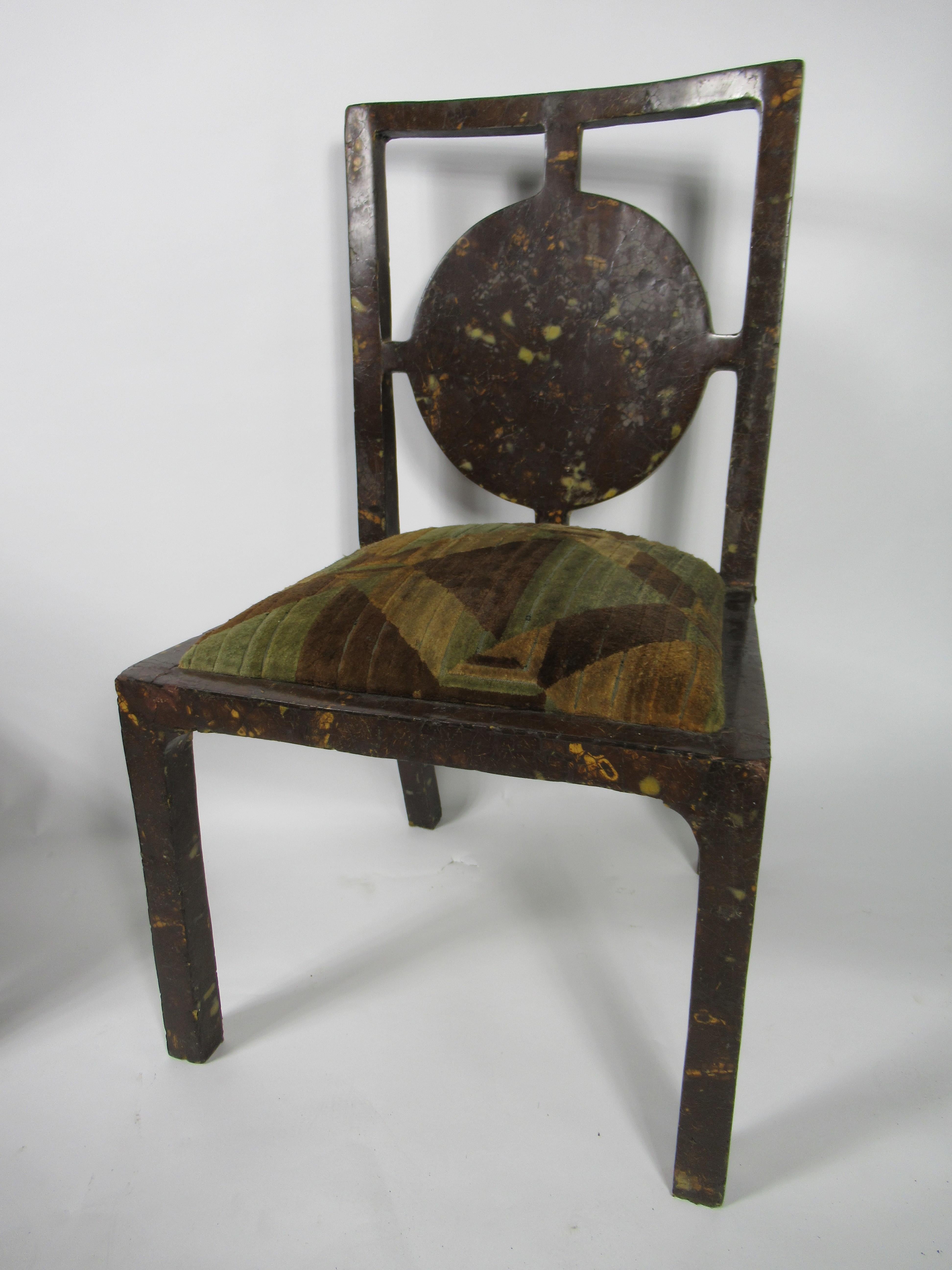 Wood Pair of American Modern Coconut Veneered Side Chairs For Sale