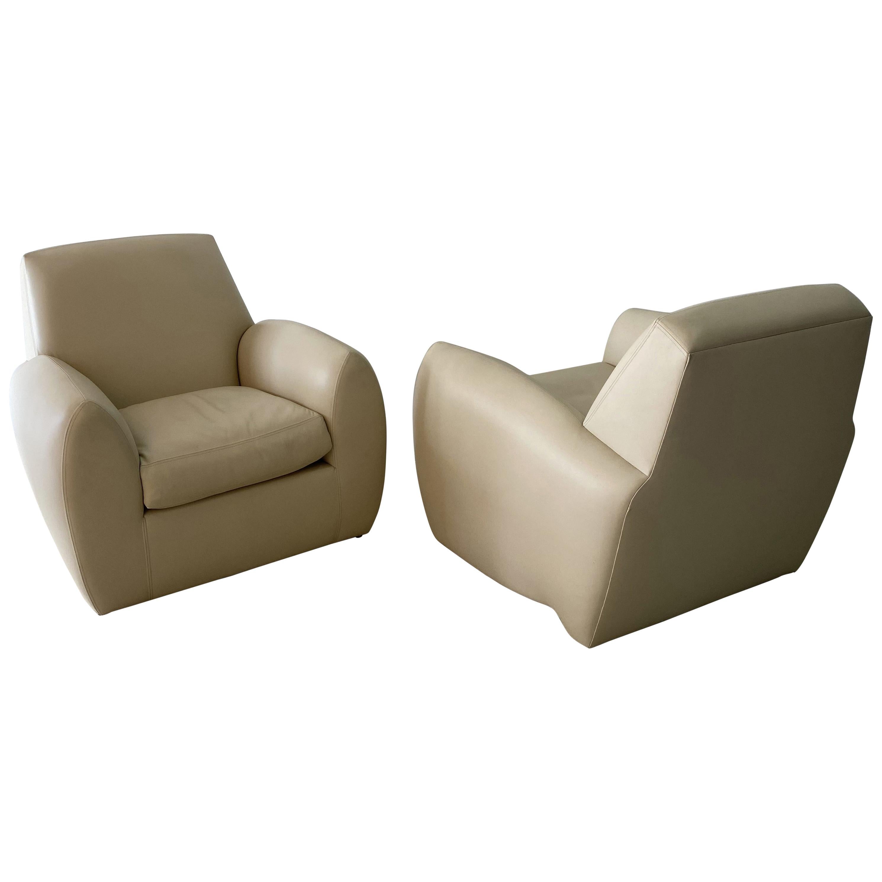 Pair of American Modern Cream Leather Ken Zu Club Chairs, Dakota Jackson