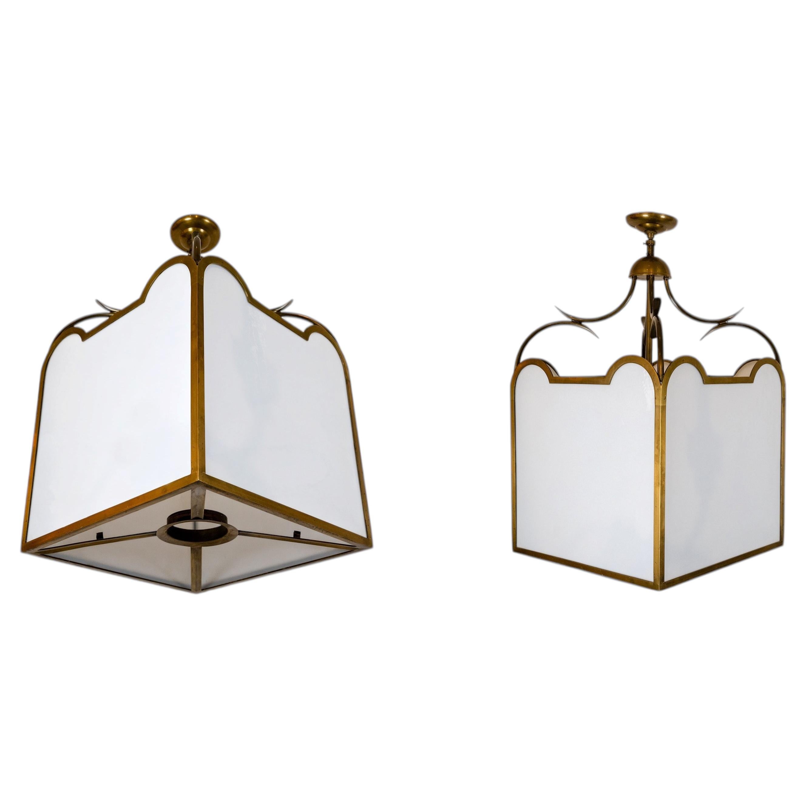 A Pair of American Patinated Brass Lanterns