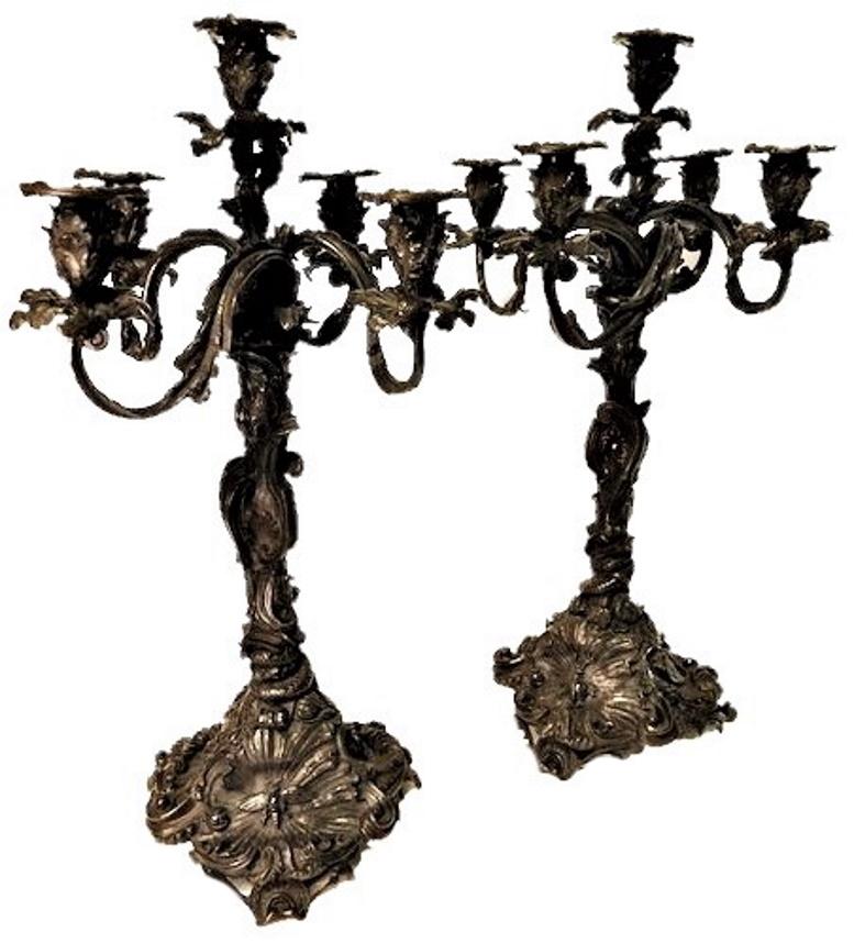 Pair of American Rococo Revival Patinated Bronze Candelabras, Ca. 1825 For Sale 7