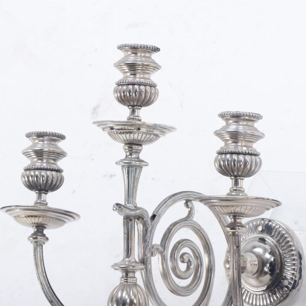 A Pair of American Silver Plated Three-Light Sconces, C. 1920. For Sale 2