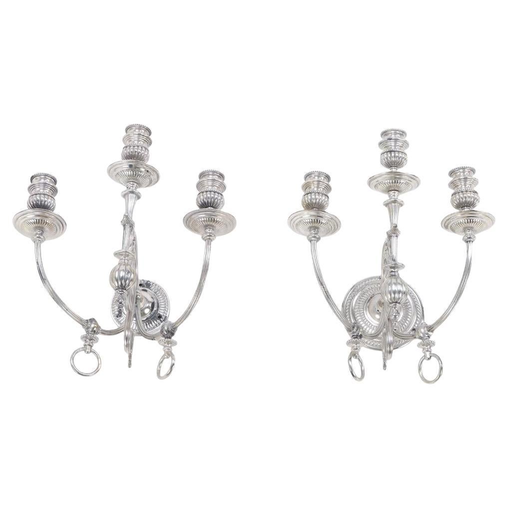 A Pair of American Silver Plated Three-Light Sconces, C. 1920. For Sale