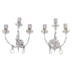 A Pair of American Silver Plated Three-Light Sconces, C. 1920.