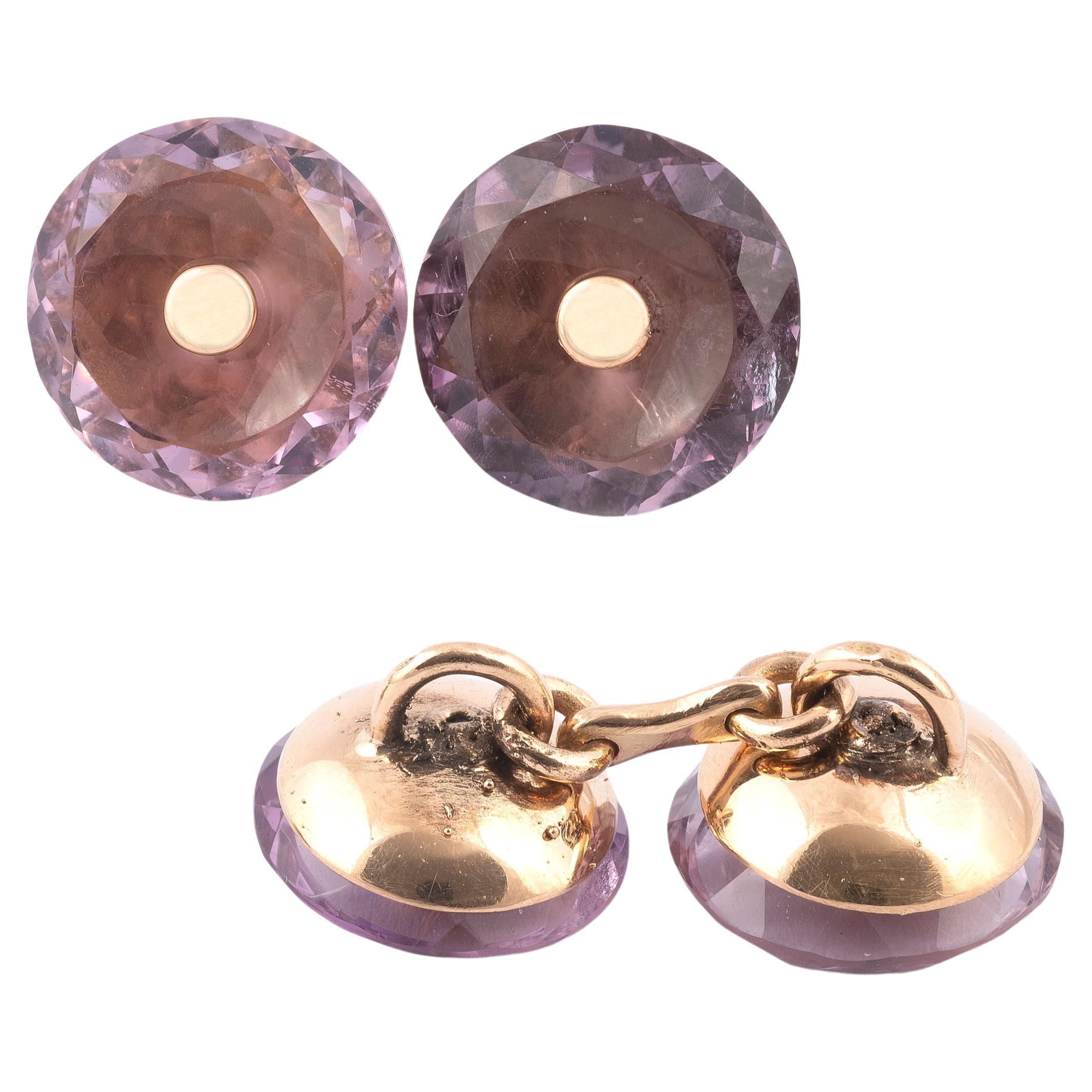 Double-sided: each roud-shaped faceted amethyst with to chain-link connections length 2.4cm.