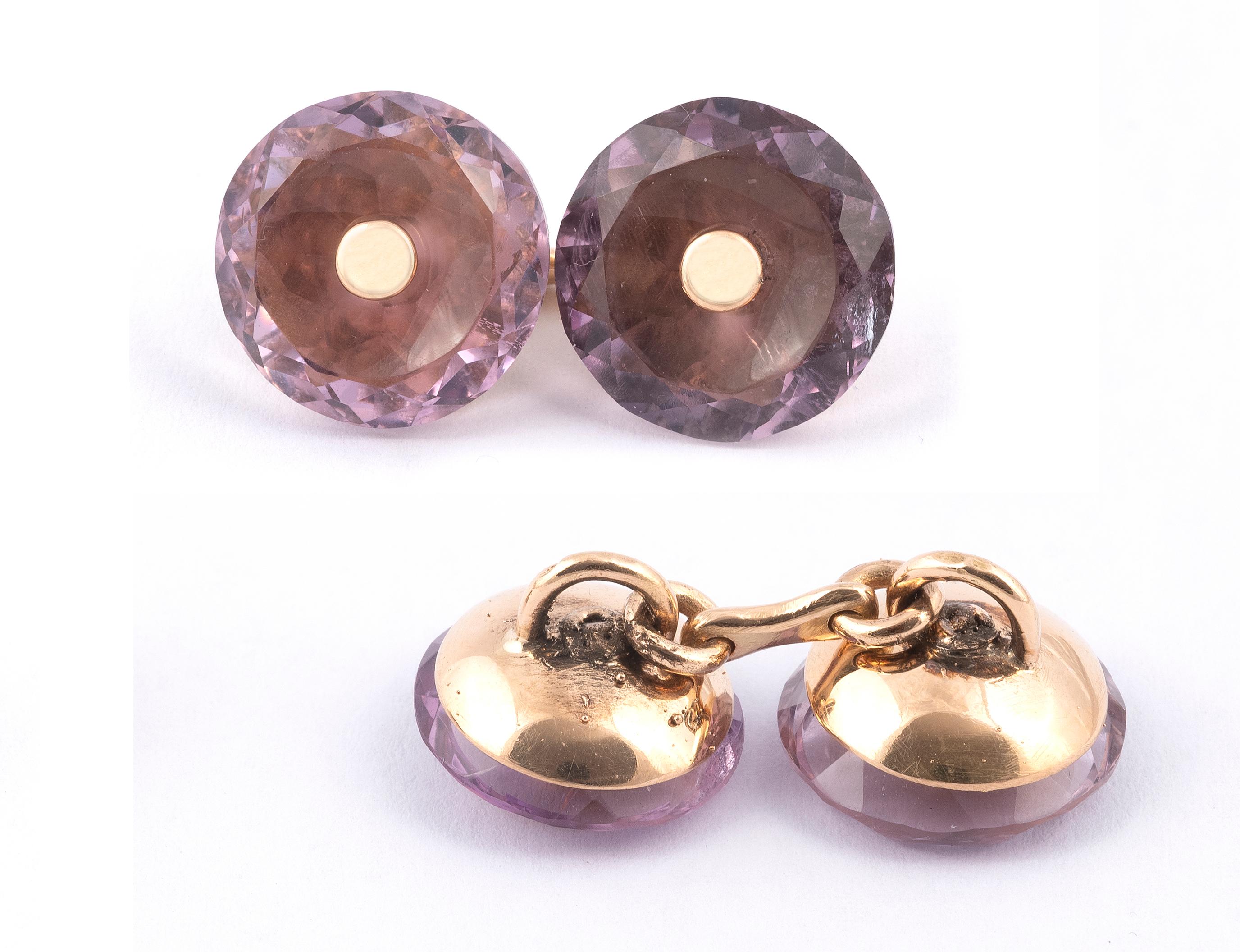 Round Cut Pair of Amethyst and 18kt Gold Cufflinks For Sale