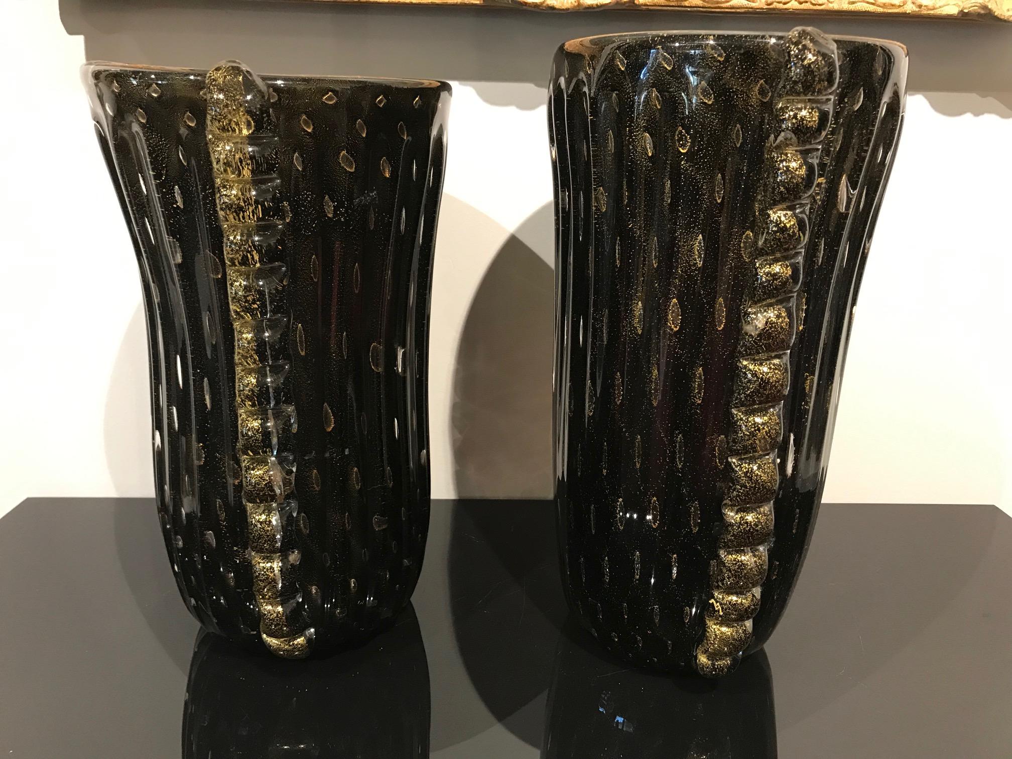 Italian Pair of Amethyst and Gold Murano Glass Vases, Signed For Sale