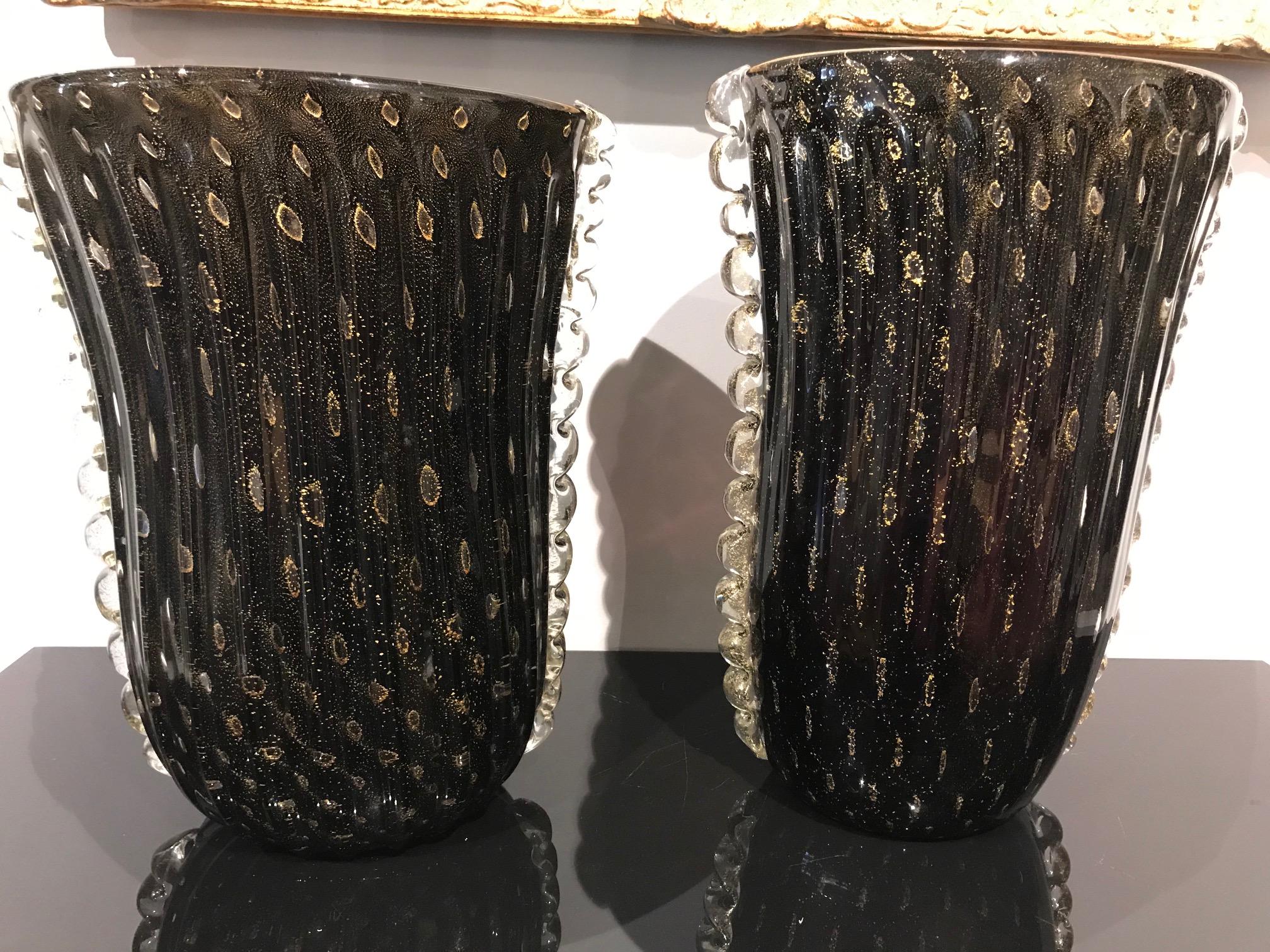 Pair of Amethyst and Gold Murano Glass Vases, Signed In Good Condition For Sale In South Yarra, AU