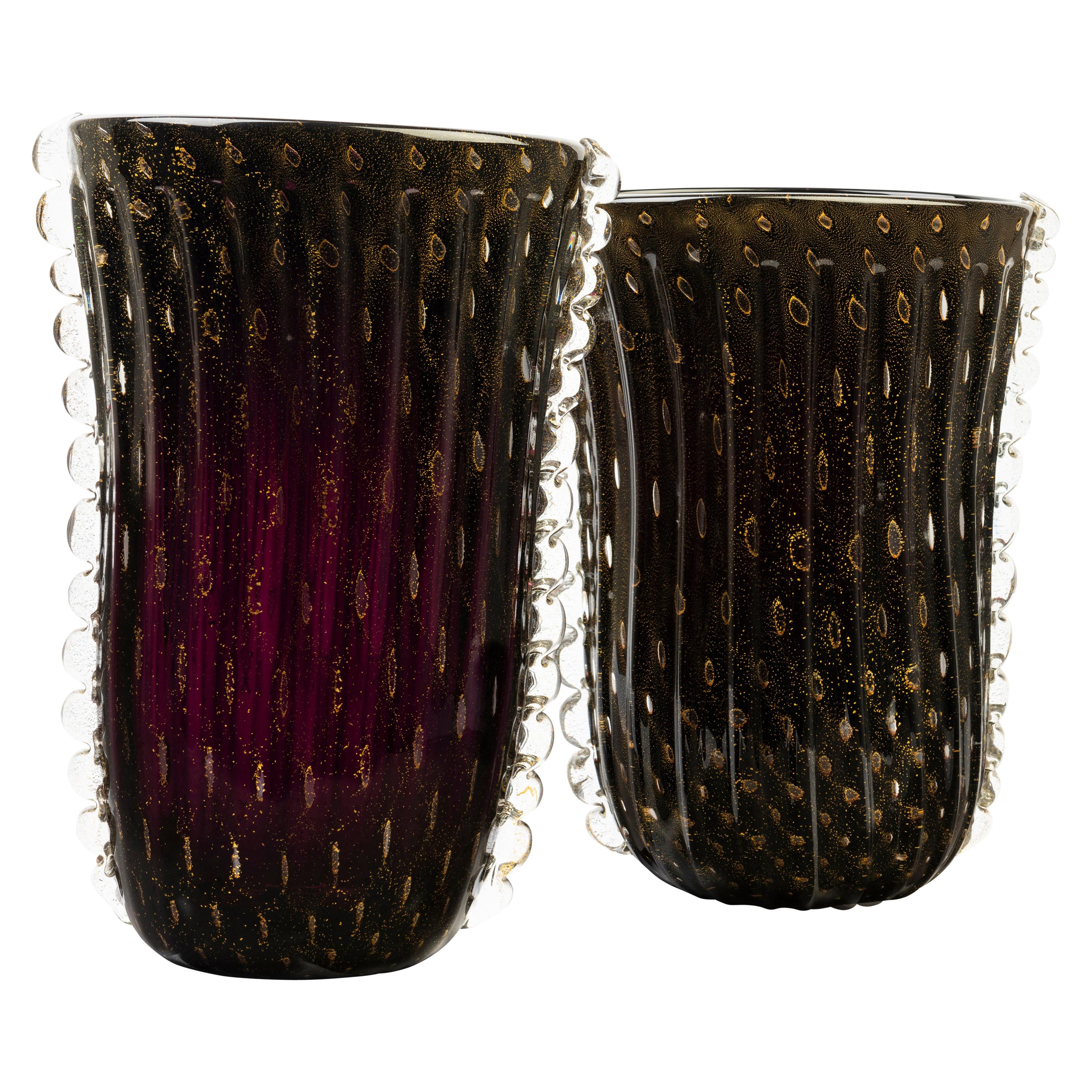 Pair of Amethyst and Gold Murano Glass Vases, Signed For Sale