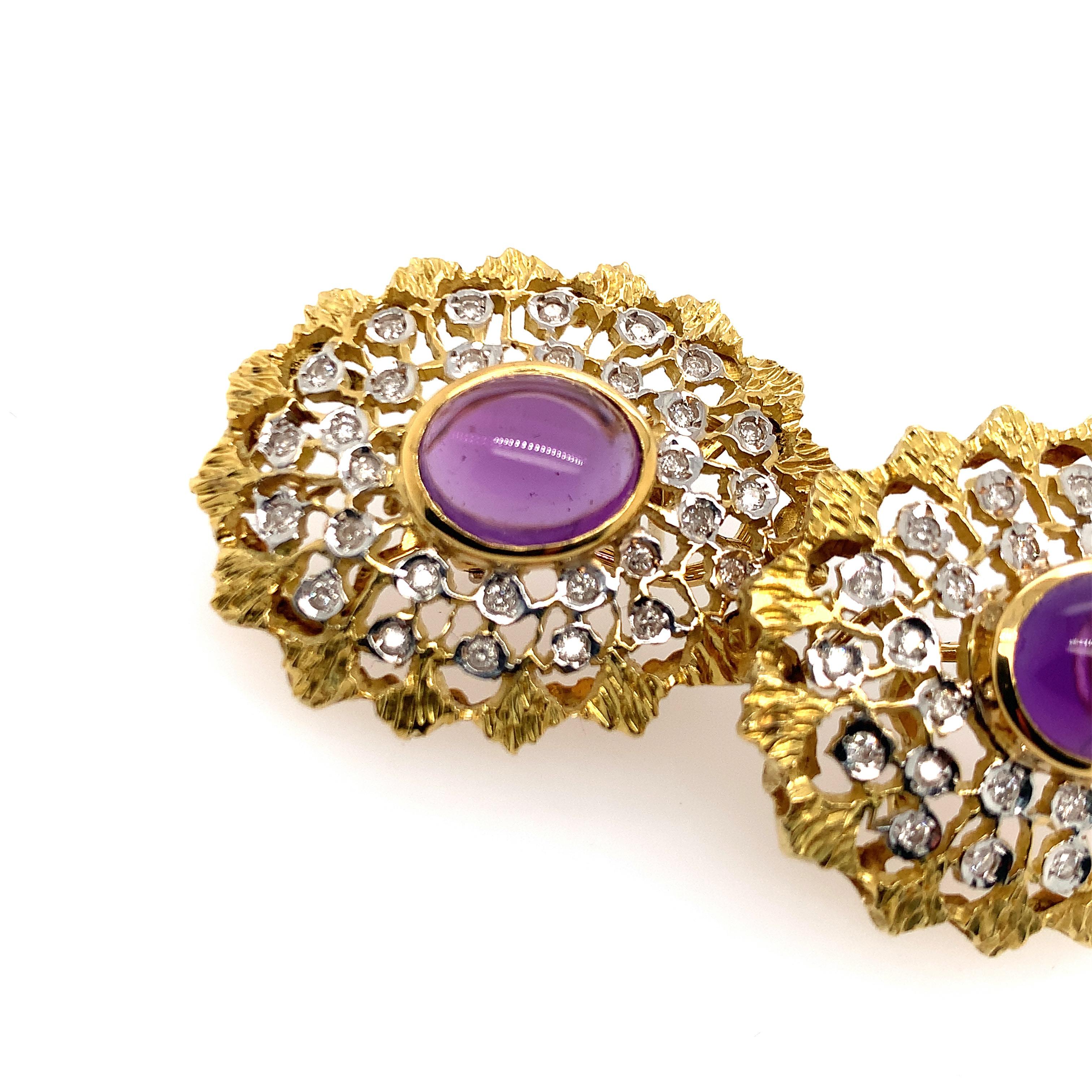 Contemporary Pair of Amethyst, Diamond and Two-Tone Gold Ear Clips For Sale