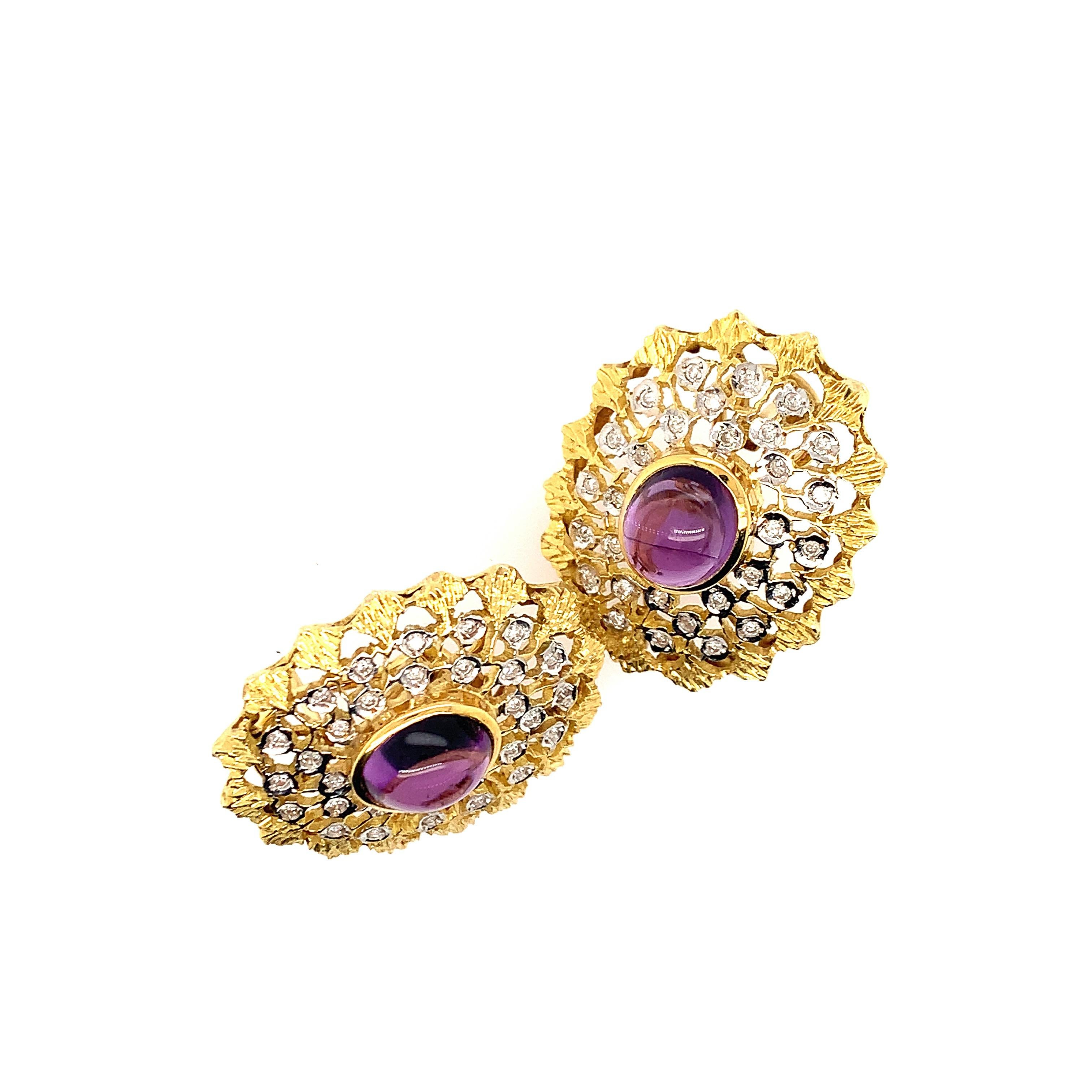 Pair of Amethyst, Diamond and Two-Tone Gold Ear Clips In Excellent Condition For Sale In New York, NY