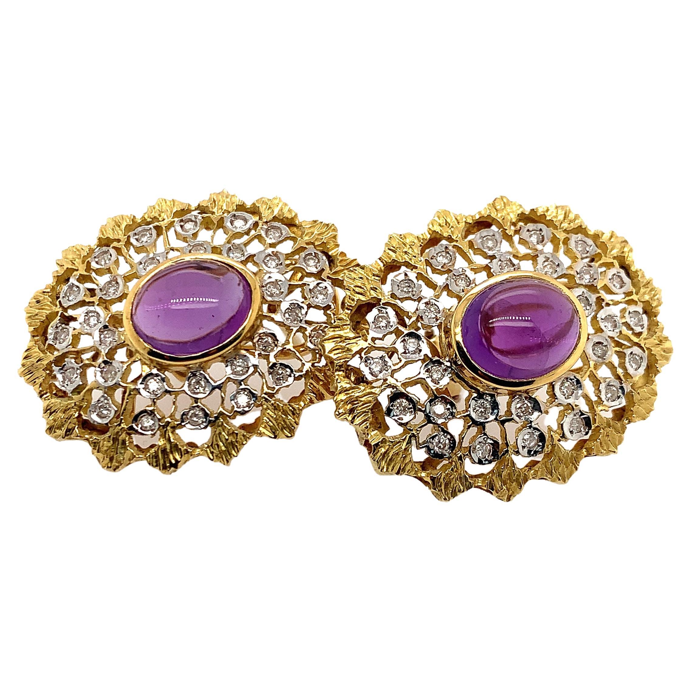 Pair of Amethyst, Diamond and Two-Tone Gold Ear Clips For Sale
