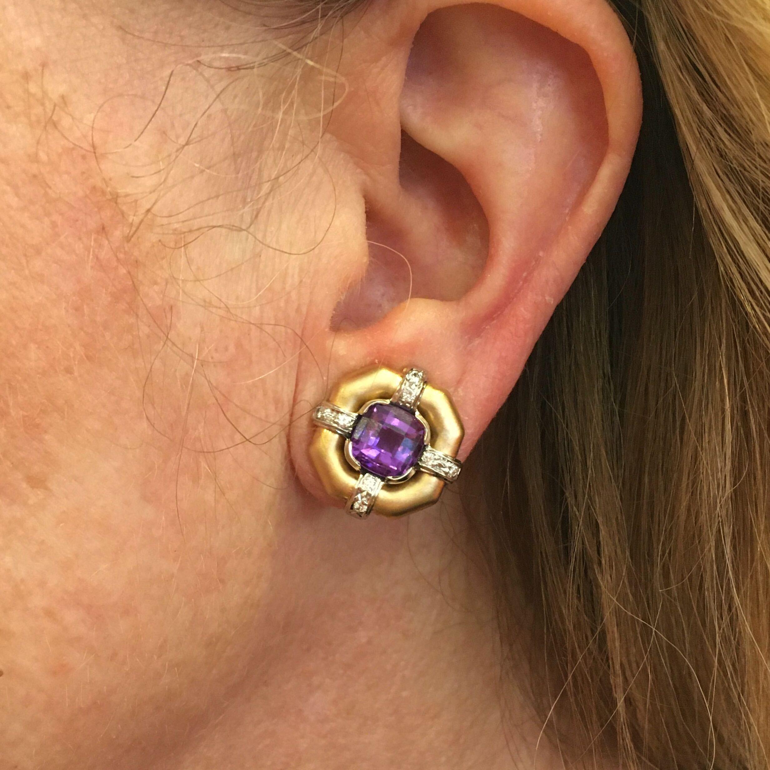 Round Cut Pair of Amethyst, Gold and Diamond Earrings