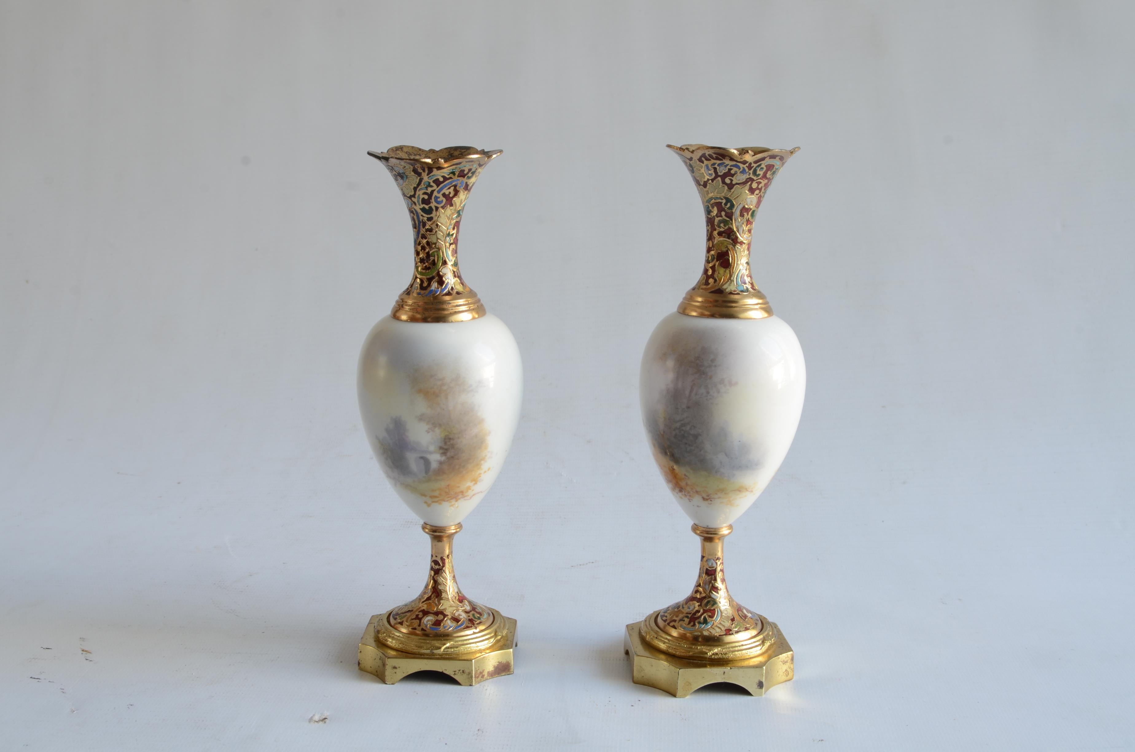 Rococo pair of amphorae Sevres hand painted porcelain with champlevé  Origin France For Sale