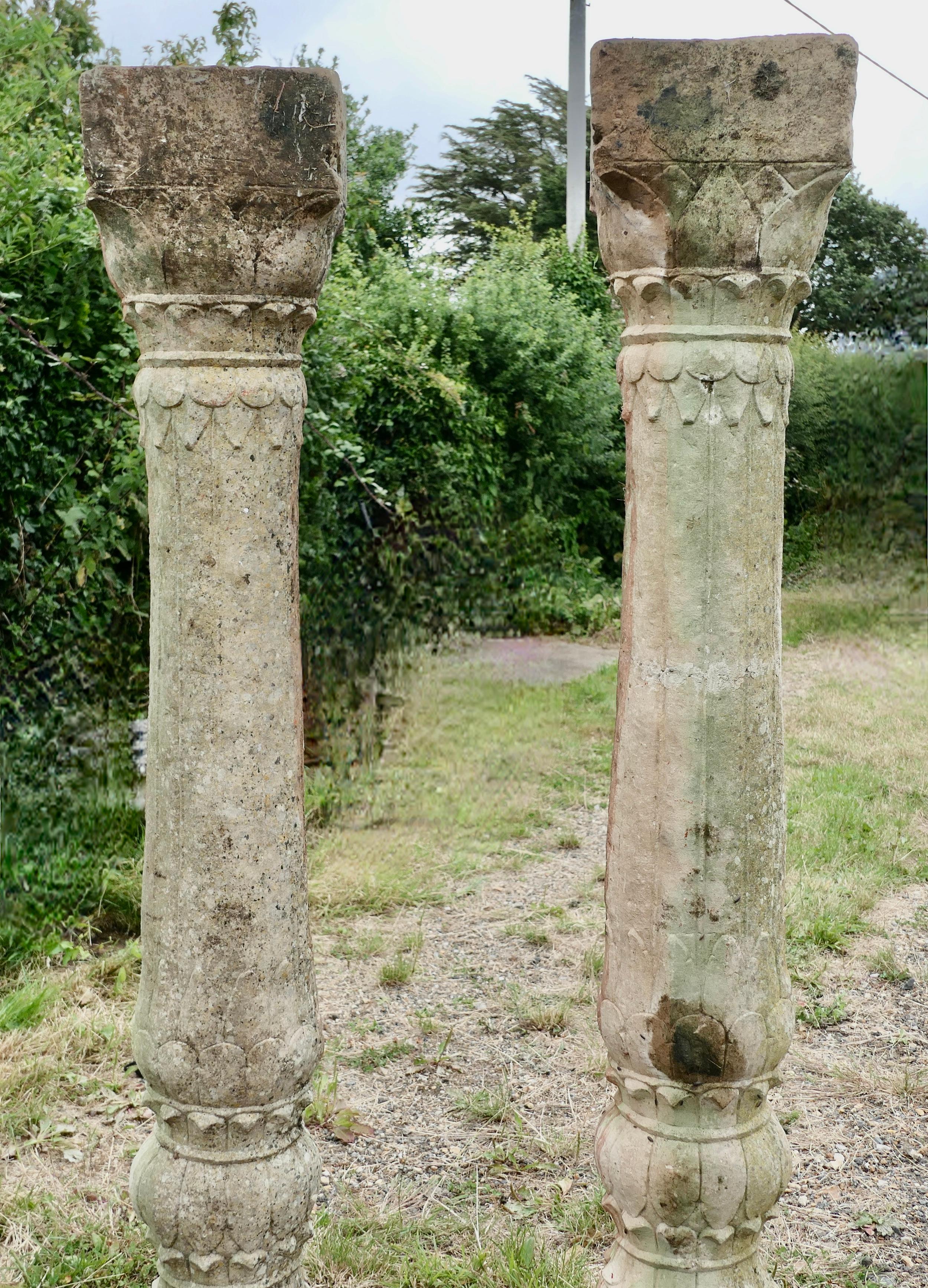 Classical Roman A Pair of Ancient Corinthian Type Stone Columns For Sale