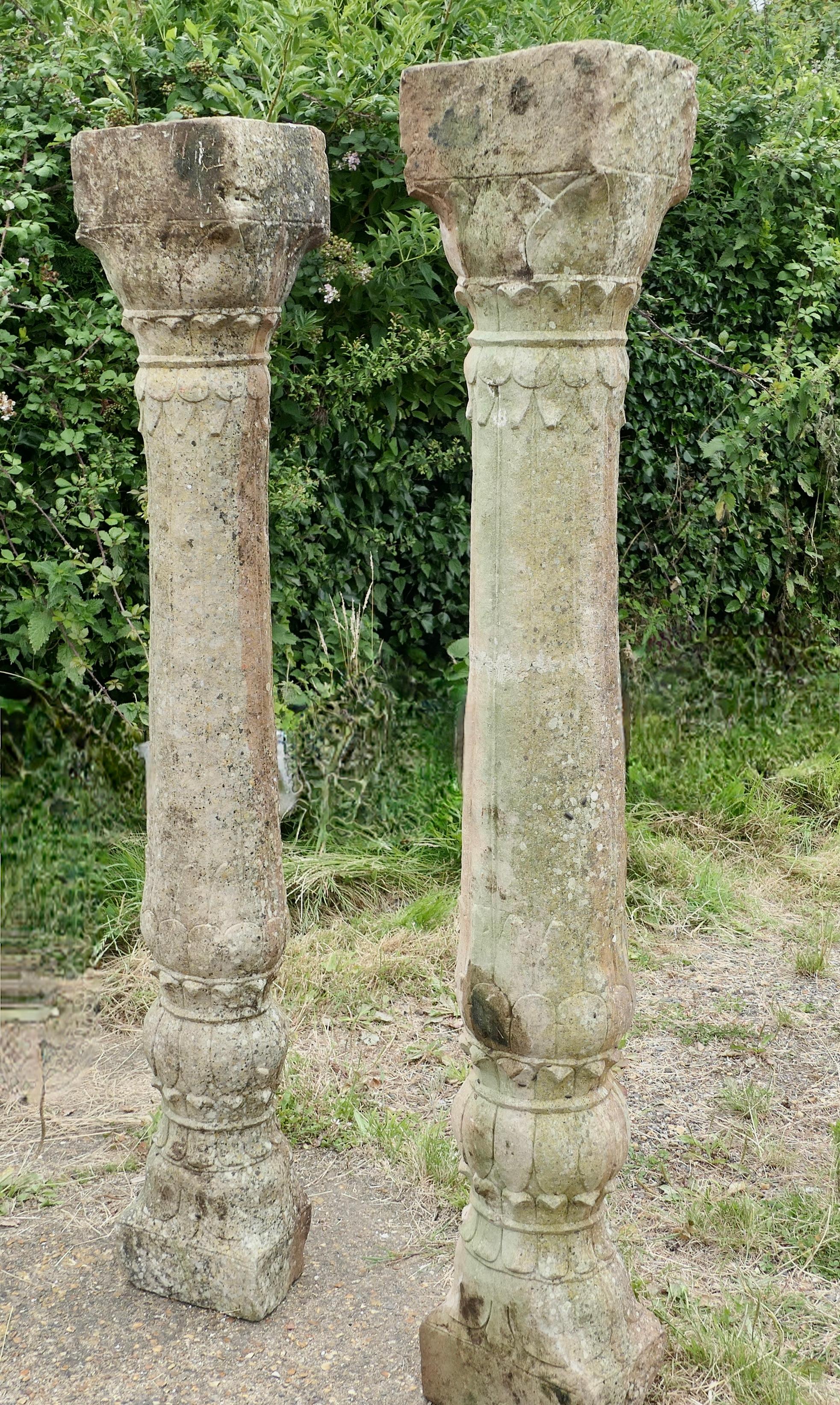 A Pair of Ancient Corinthian Type Stone Columns In Fair Condition For Sale In Chillerton, Isle of Wight