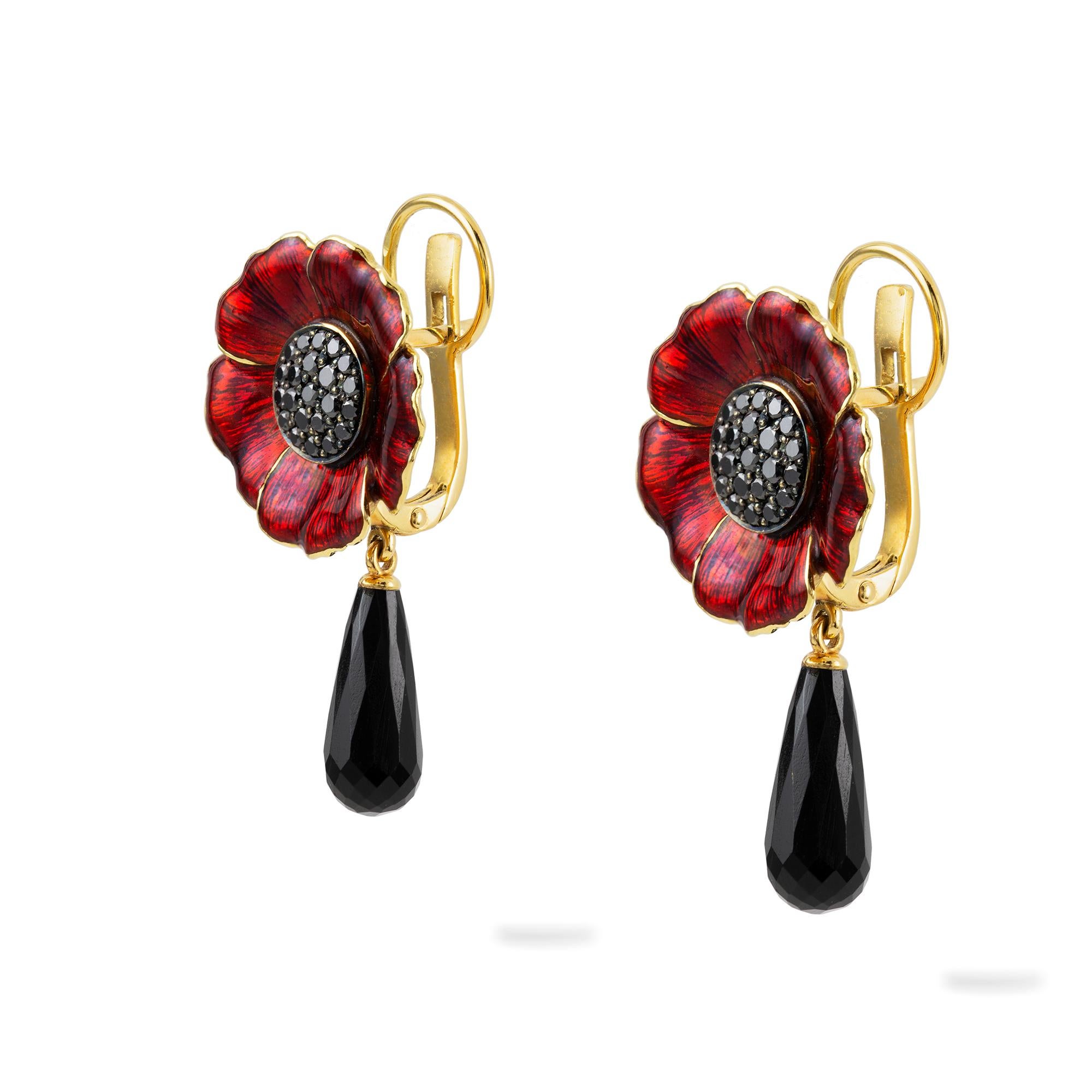 A pair of anemone earrings by Ilgiz F, the stamen encrusted with black diamonds weighing 0.46 carats in total, surrounded by red champlevé enamelled petals, each flowerhead suspending a faceted onyx drop weighing 4.5 carats in total, all in yellow
