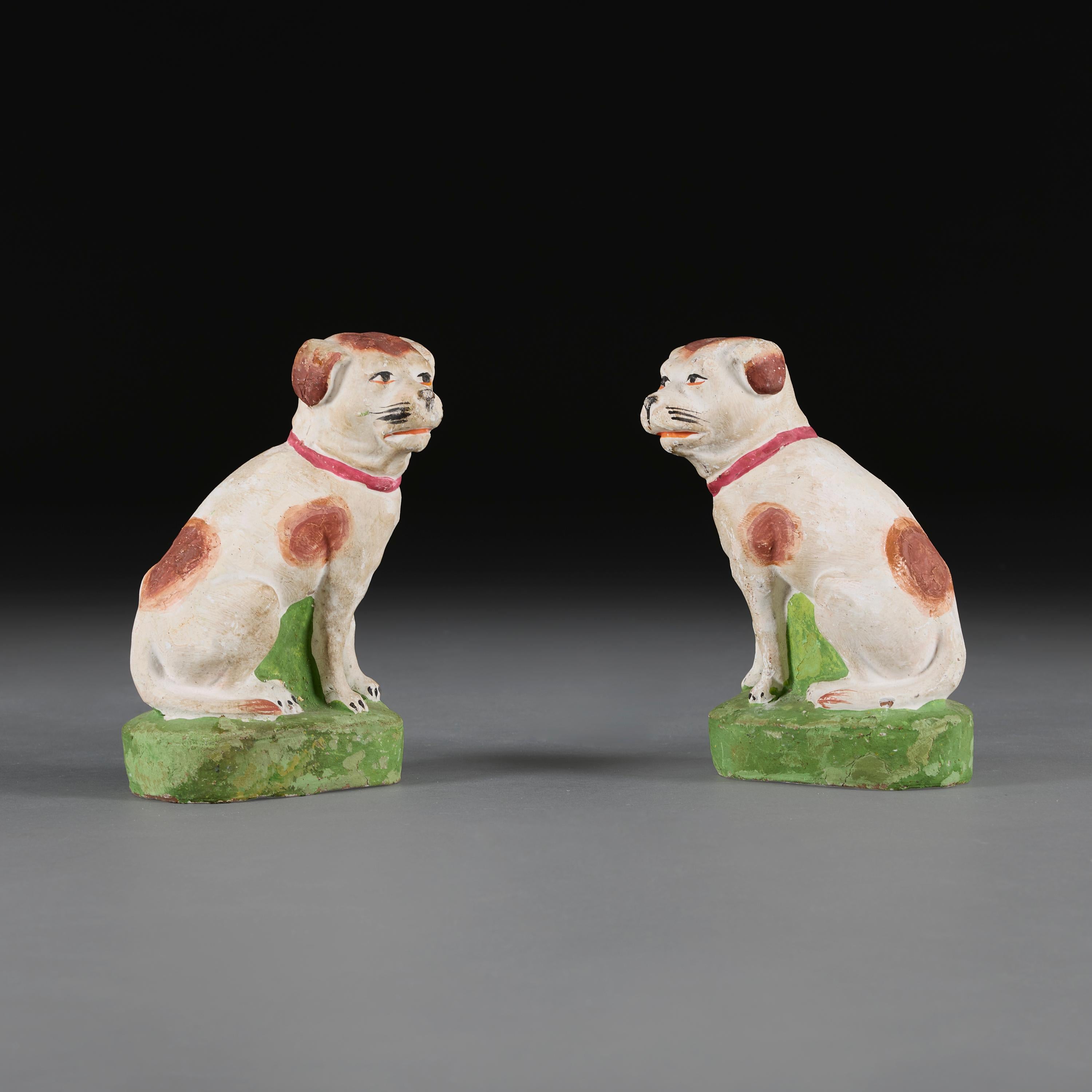 Hand-Painted A Pair of Anglo-Chinese Painted Terracotta Recumbent Spaniels For Sale