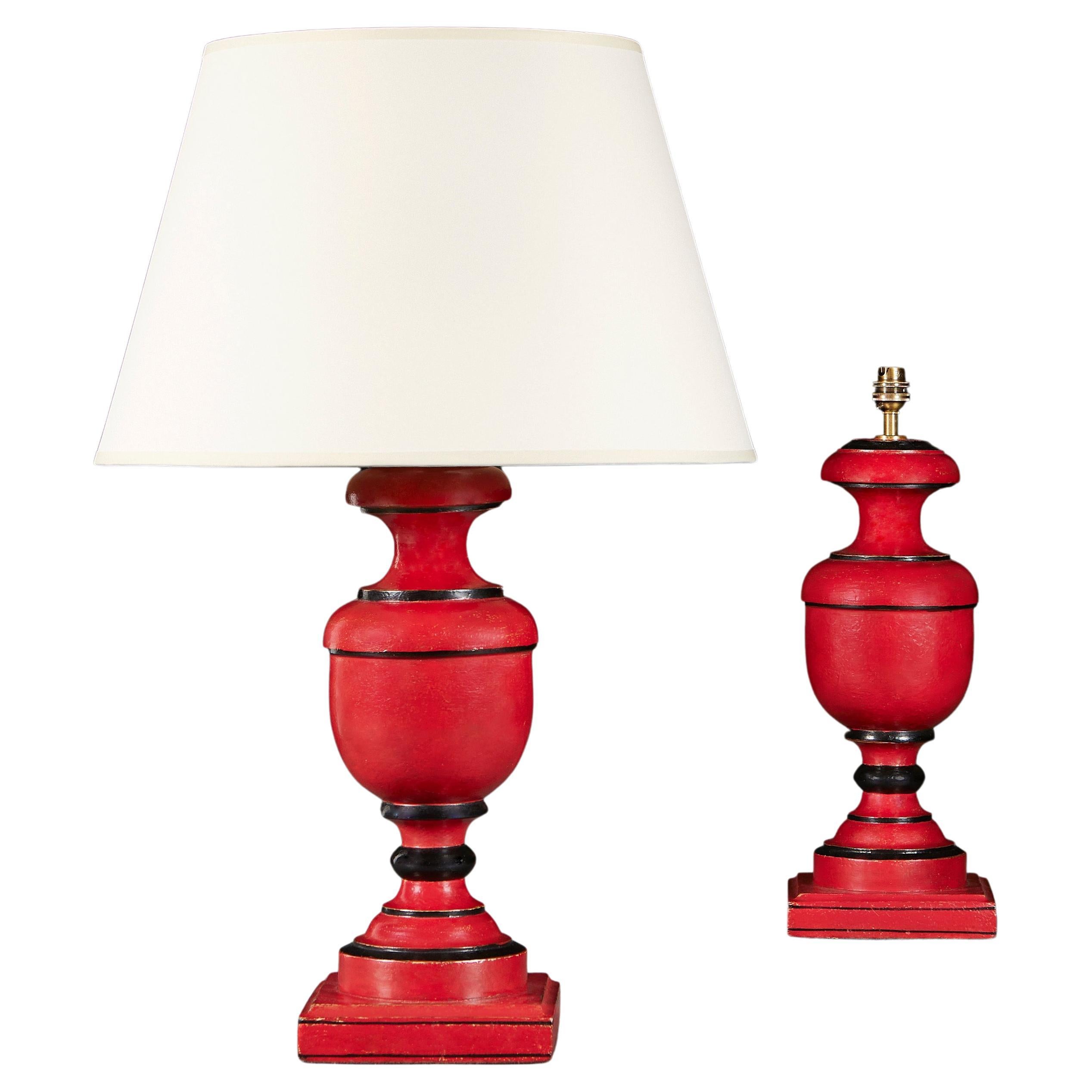 Pair of Anglo Indian Red Painted Lamps For Sale