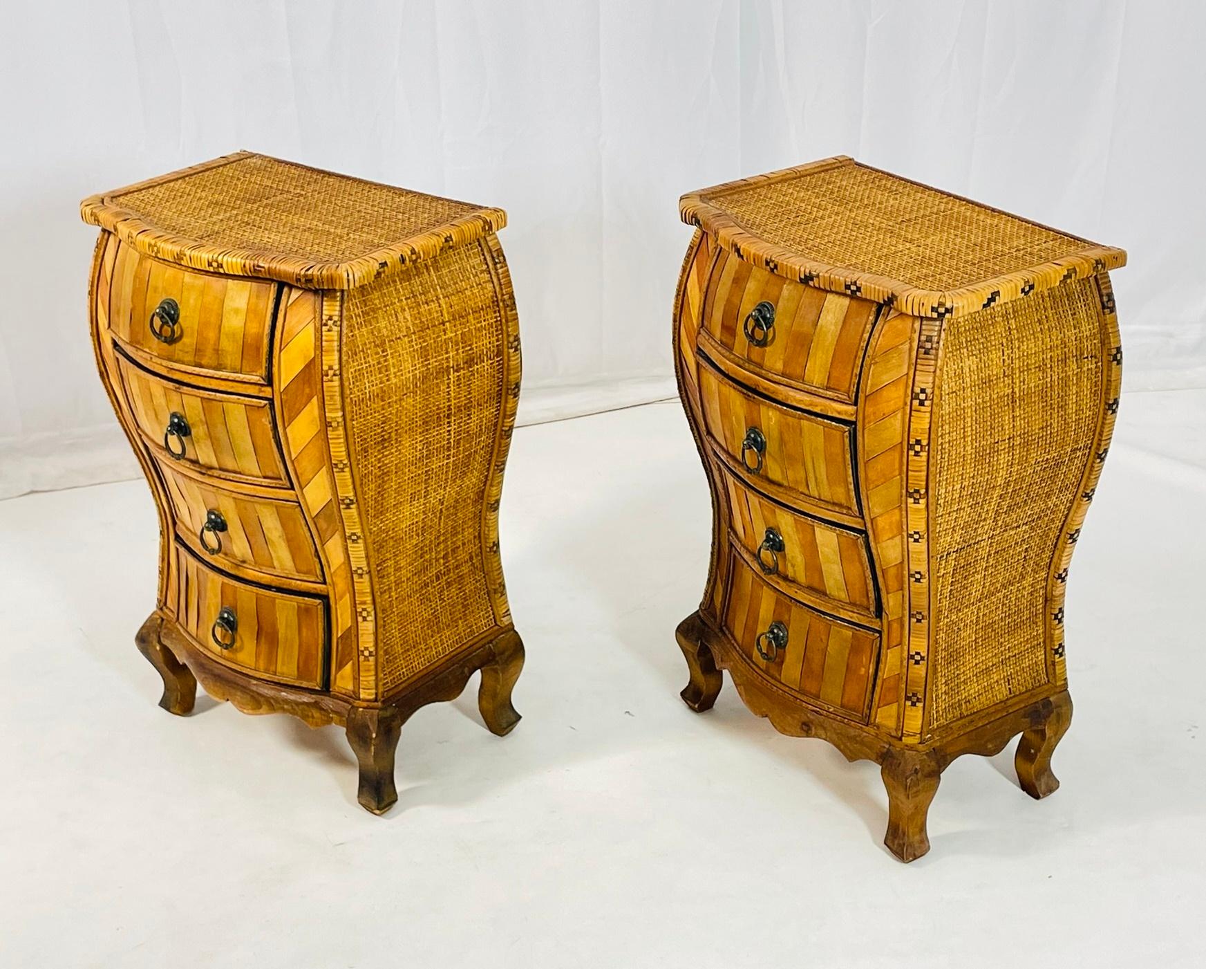 Mid-Century Modern A Pair of Anglo-Indian Style Rattan & Wood Inlay Nightstands For Sale