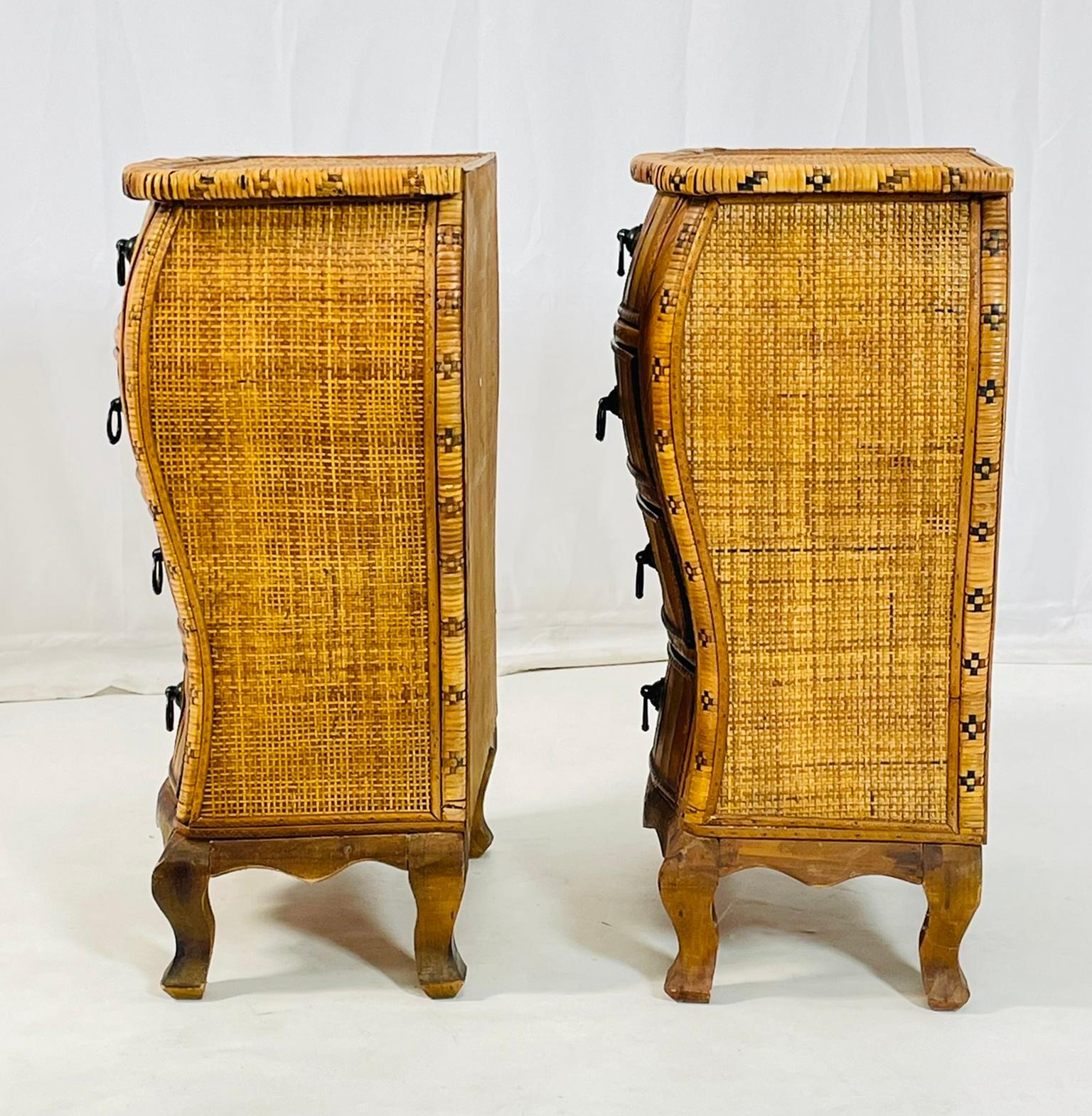 North American A Pair of Anglo-Indian Style Rattan & Wood Inlay Nightstands For Sale