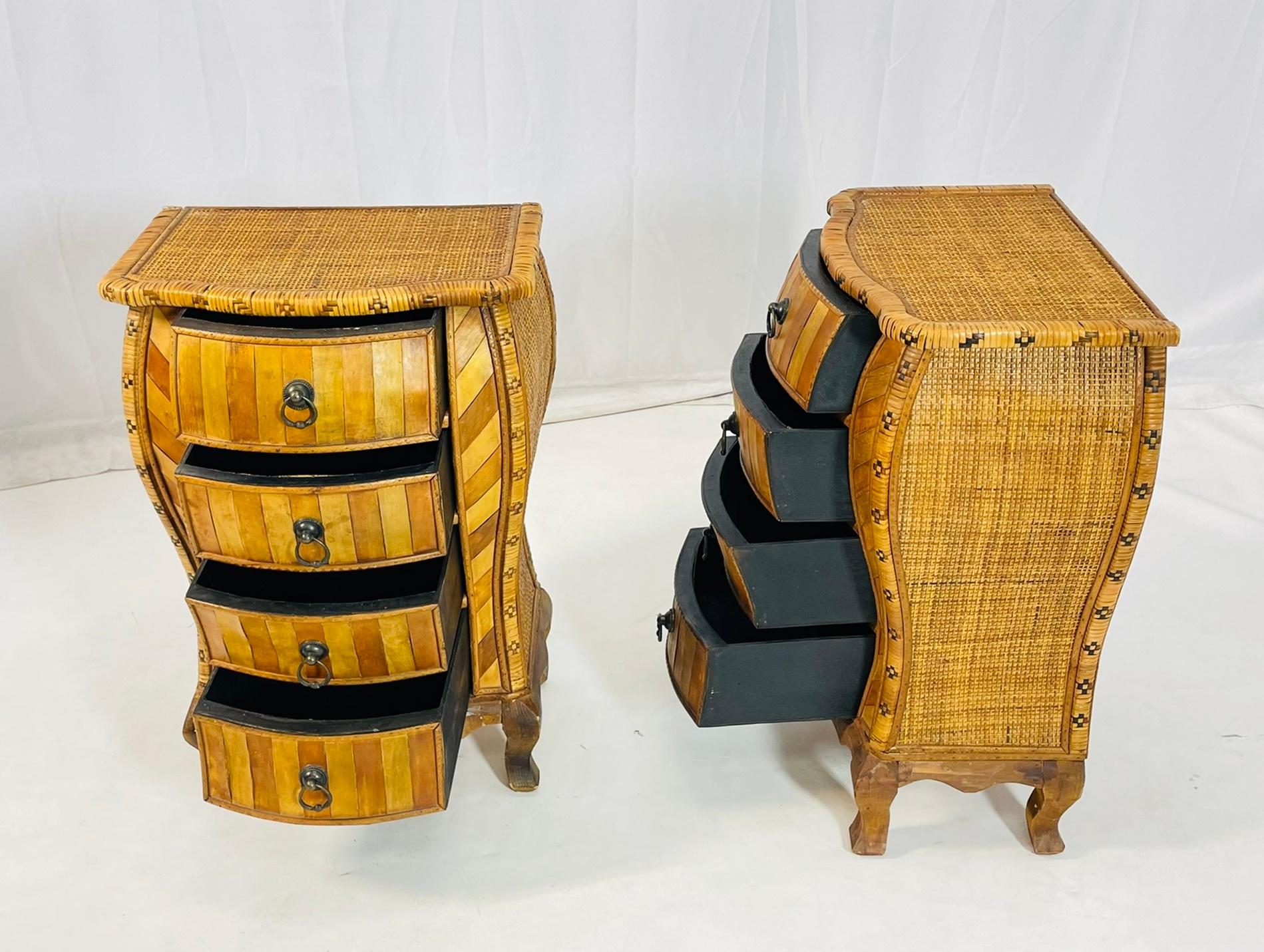 Hand-Crafted A Pair of Anglo-Indian Style Rattan & Wood Inlay Nightstands For Sale