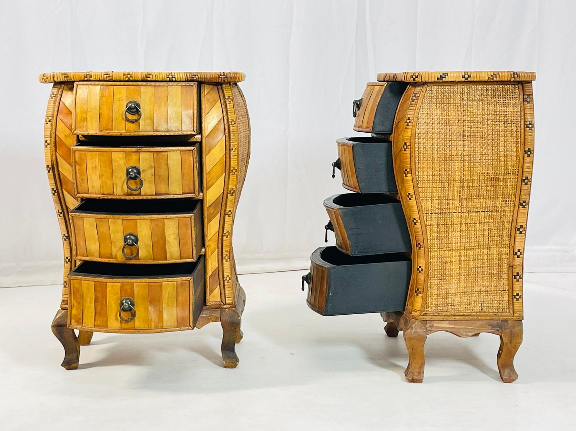A Pair of Anglo-Indian Style Rattan & Wood Inlay Nightstands In Good Condition For Sale In Los Angeles, CA