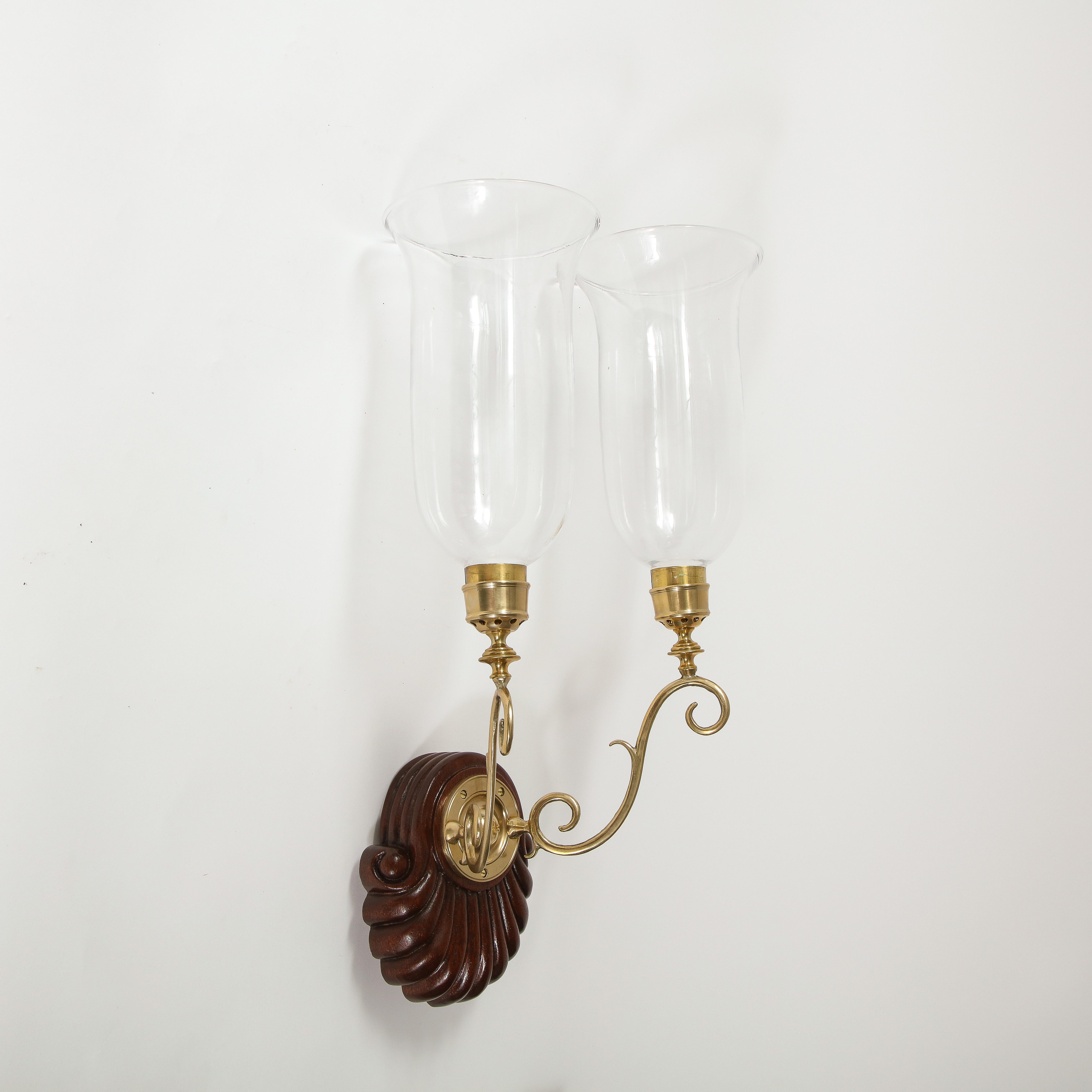 Pair of Anglo-Indian Two-Light Sconces with Hurricane Shades In Good Condition For Sale In New York, NY