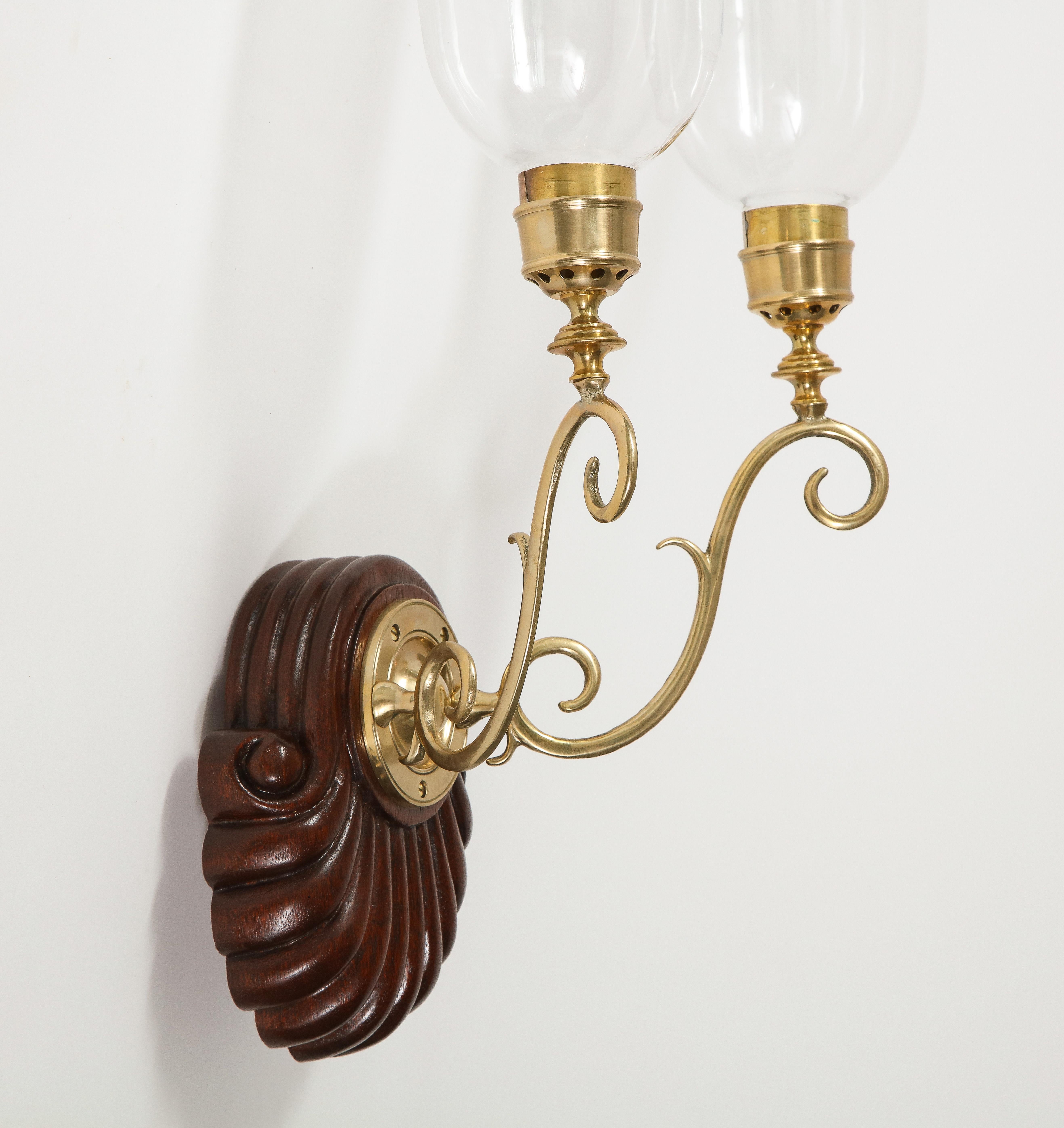 Pair of Anglo-Indian Two-Light Sconces with Hurricane Shades For Sale 1