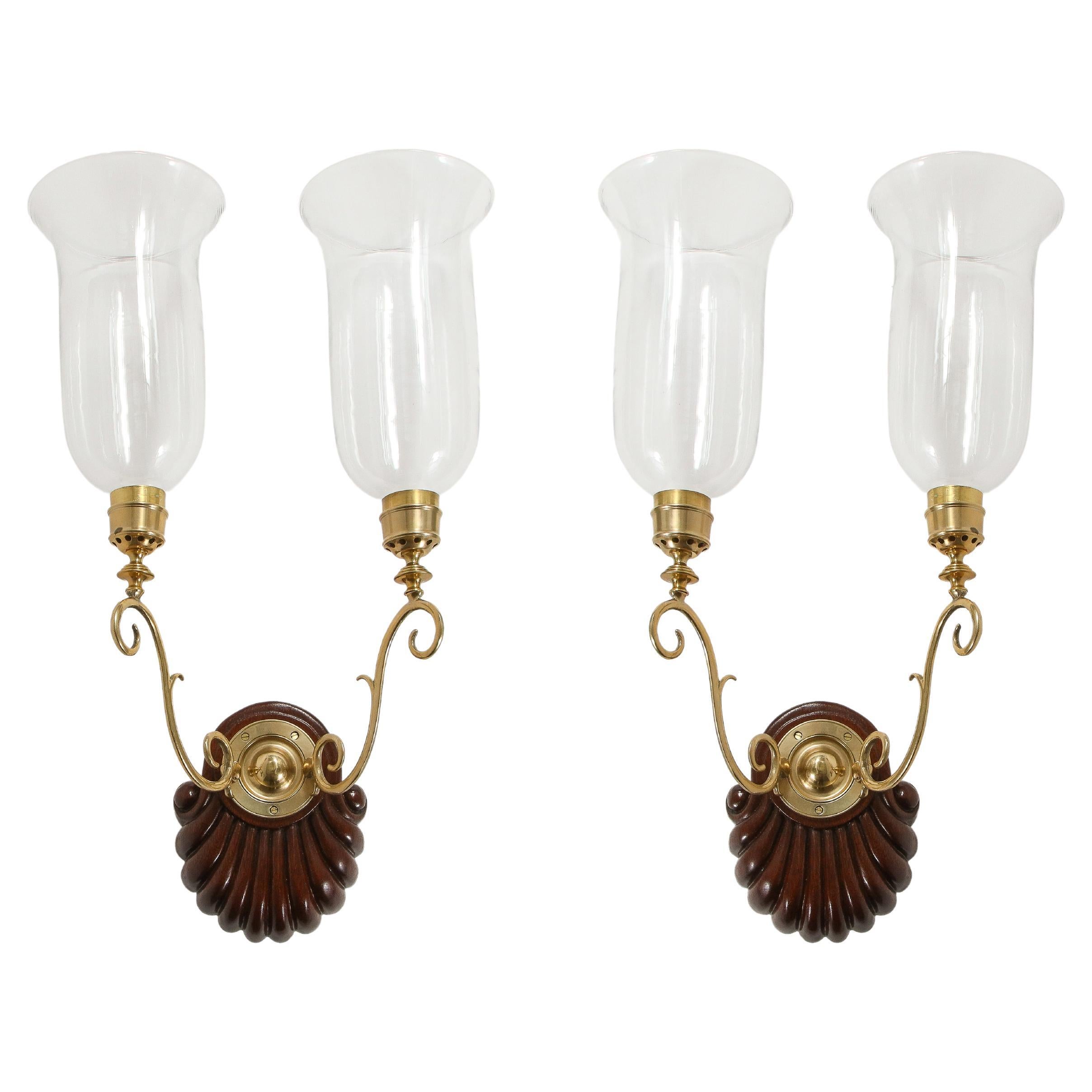 Pair of Anglo-Indian Two-Light Sconces with Hurricane Shades For Sale