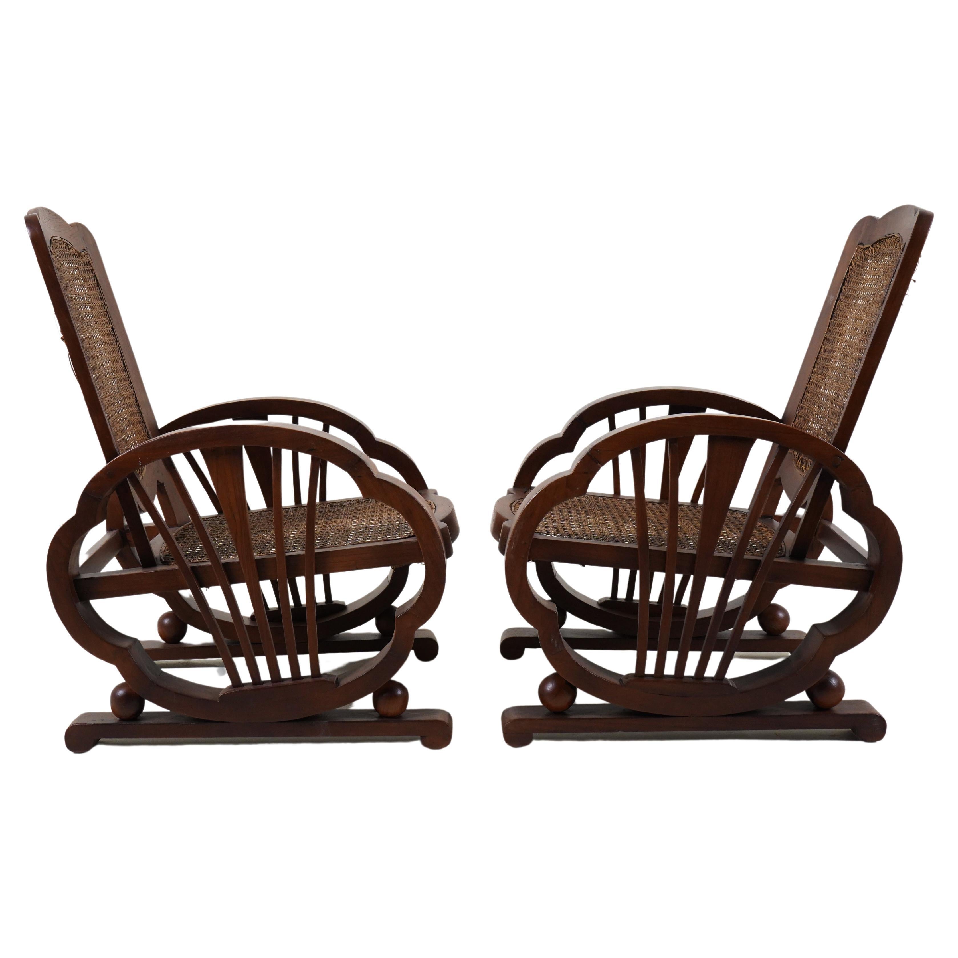 A Pair of Vintage Anglo-Indian Veranda Chairs in Teak and Rattan For Sale