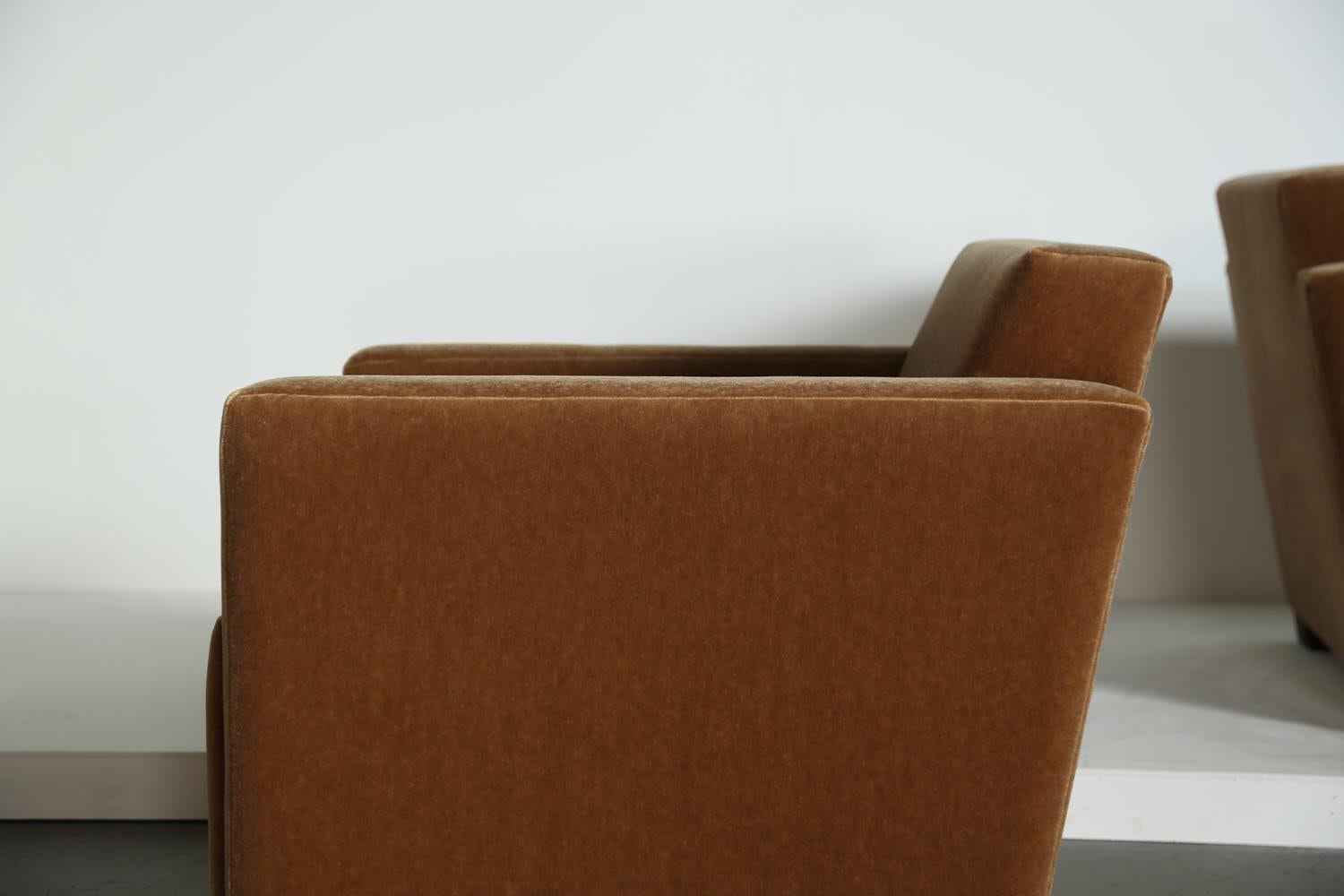 A Pair of Angular Armchairs, Upholstered in Pure Mohair For Sale 6