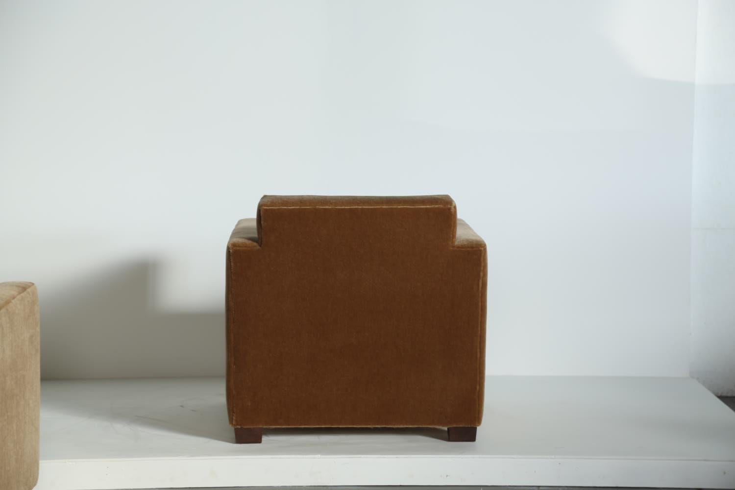 A Pair of Angular Armchairs, Upholstered in Pure Mohair For Sale 10