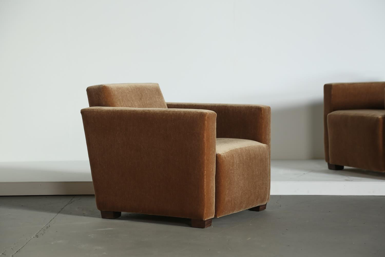 Art Deco A Pair of Angular Armchairs, Upholstered in Pure Mohair For Sale