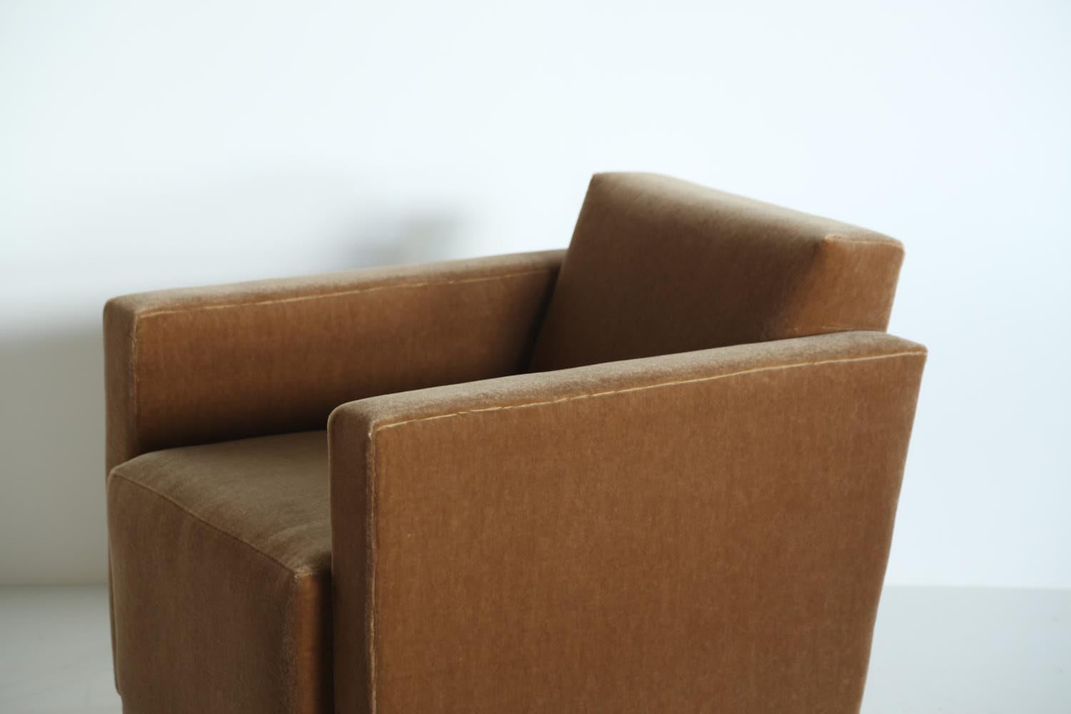 A Pair of Angular Armchairs, Upholstered in Pure Mohair For Sale 1
