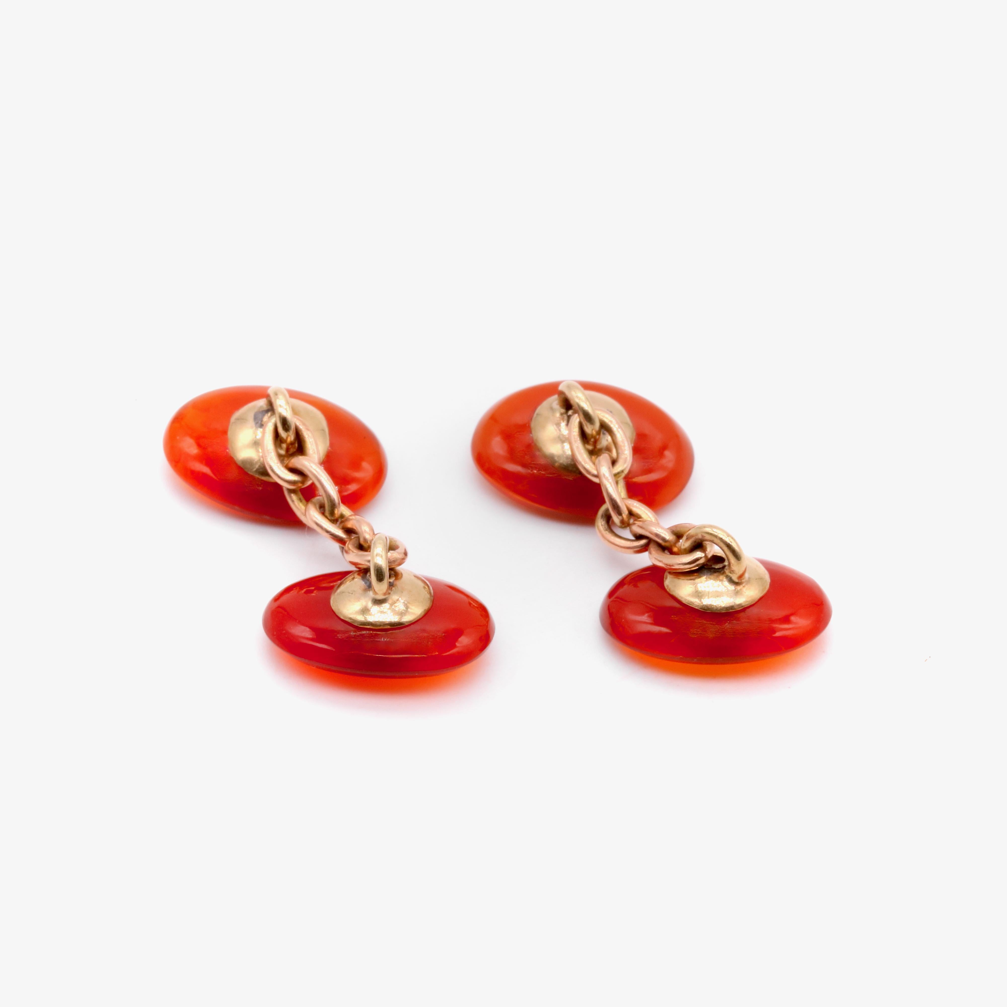 A Pair of Antique 14K Yellow Gold and Platinum Carnelian and Diamond Cufflinks For Sale 4