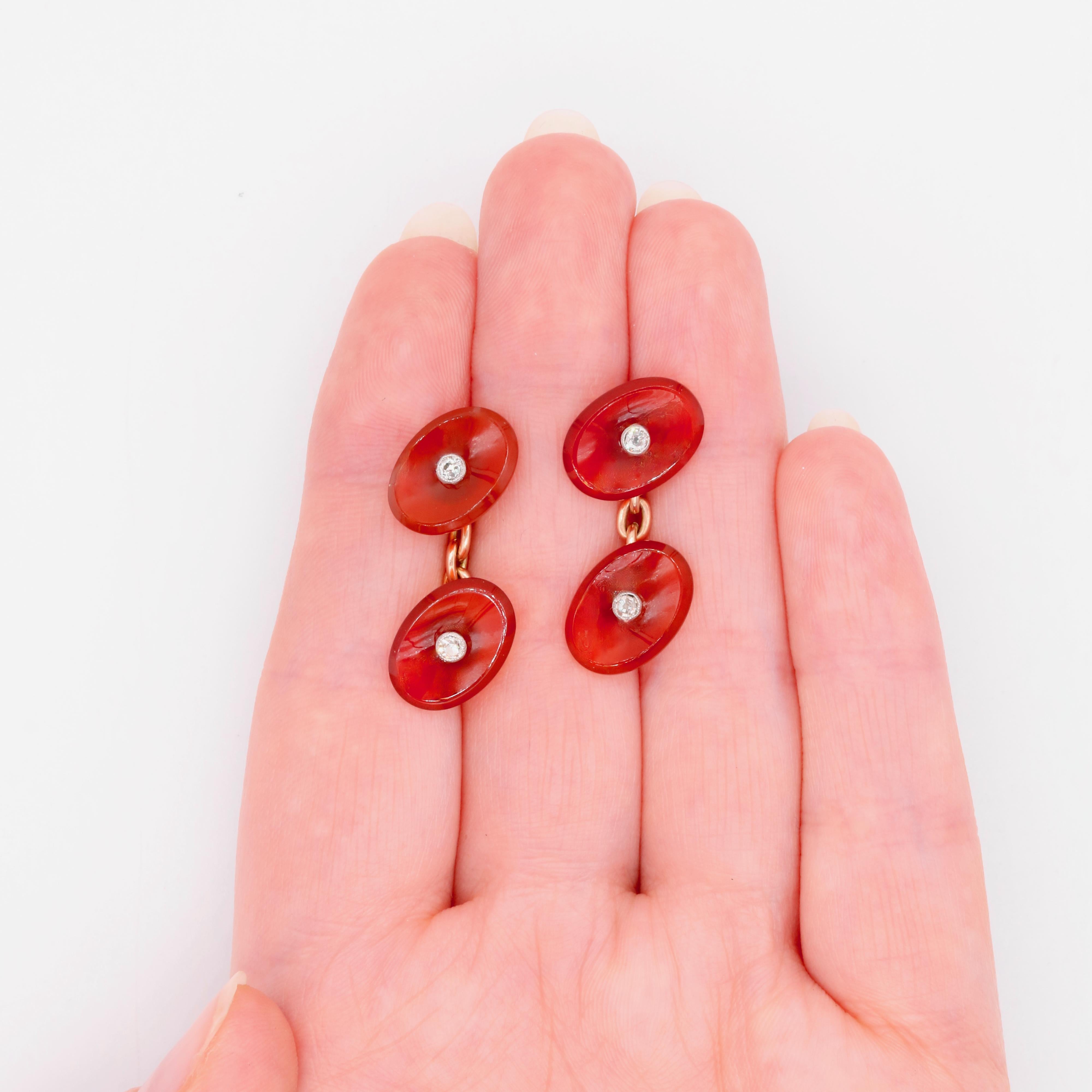 A Pair of Antique 14K Yellow Gold and Platinum Carnelian and Diamond Cufflinks For Sale 5