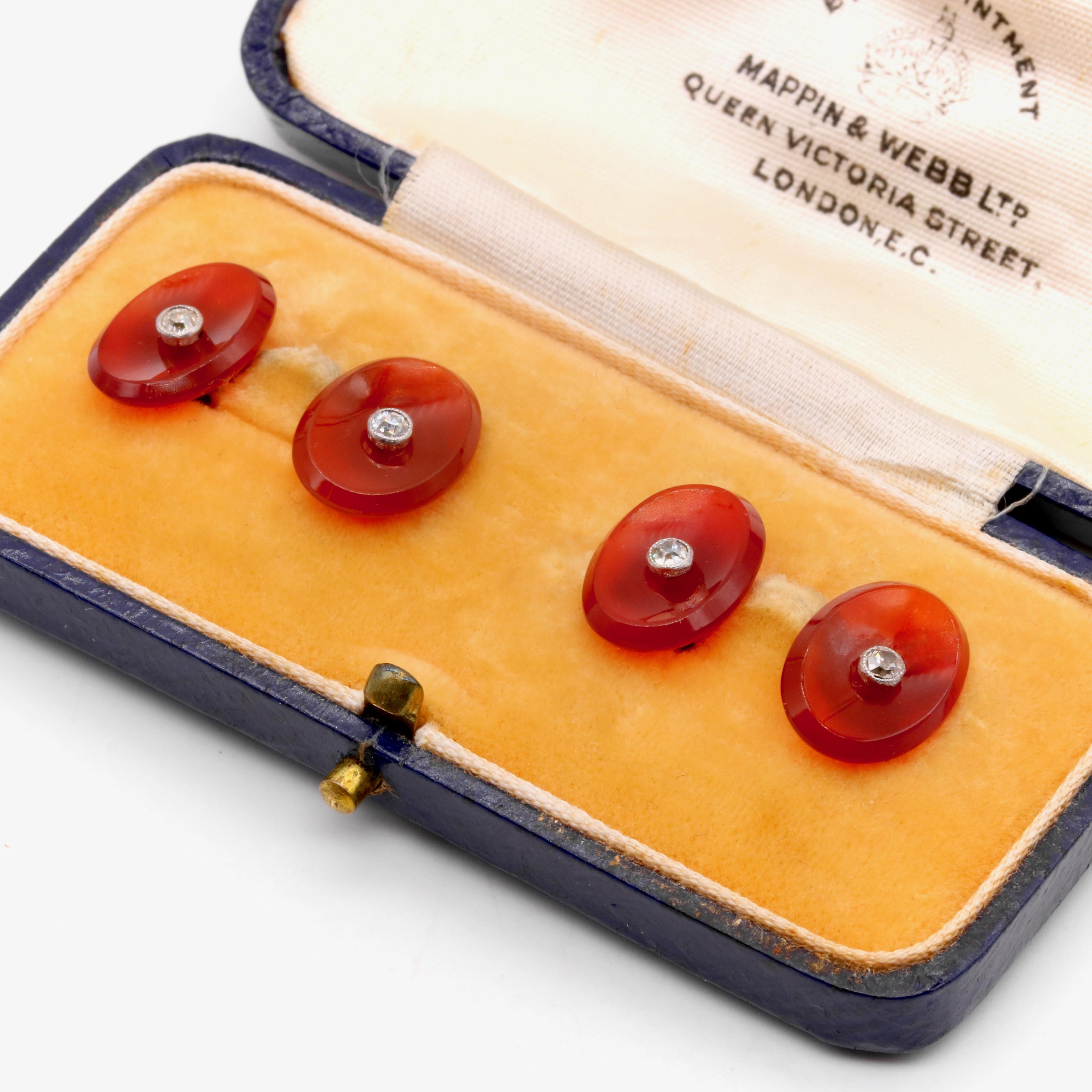Edwardian A Pair of Antique 14K Yellow Gold and Platinum Carnelian and Diamond Cufflinks For Sale