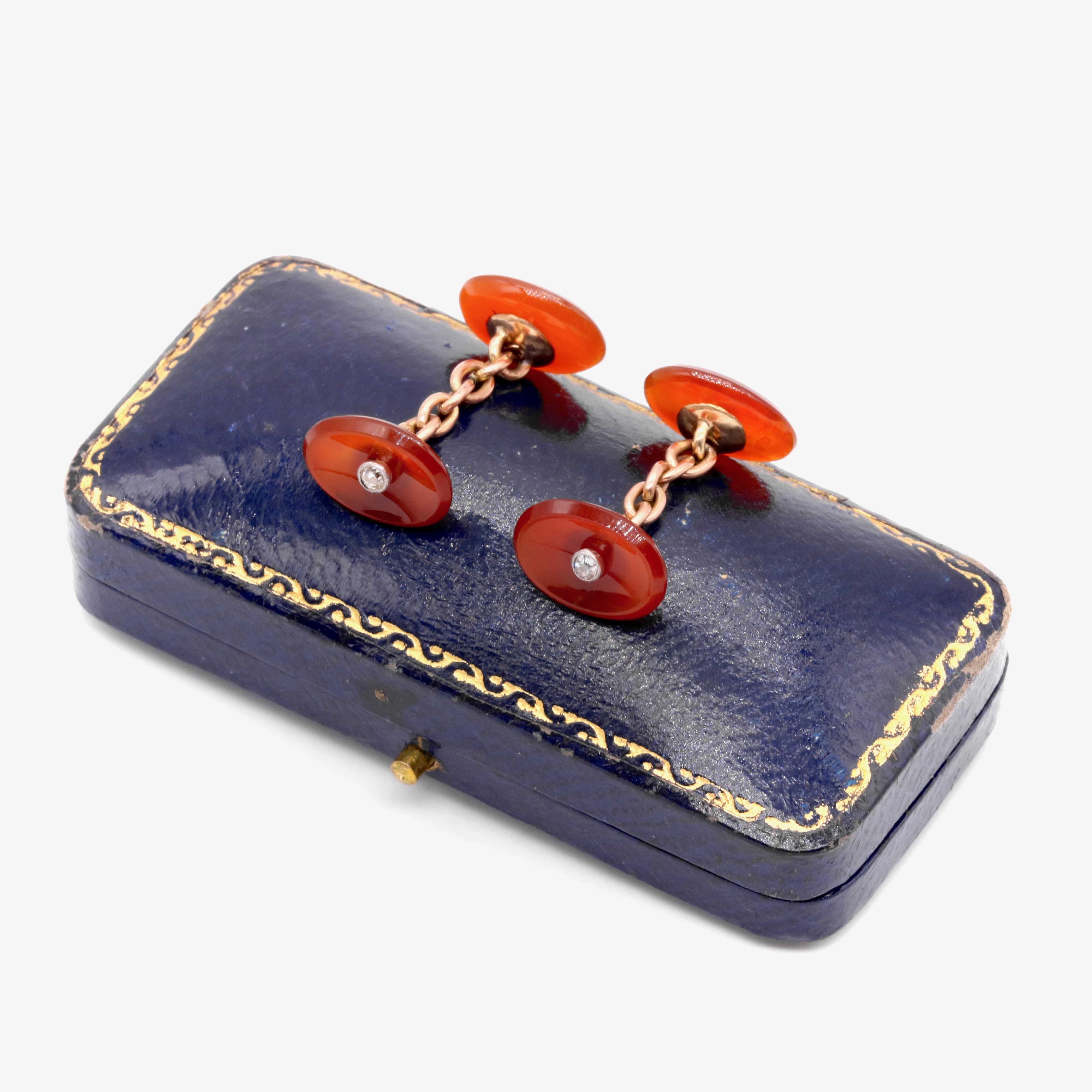 Old European Cut A Pair of Antique 14K Yellow Gold and Platinum Carnelian and Diamond Cufflinks For Sale