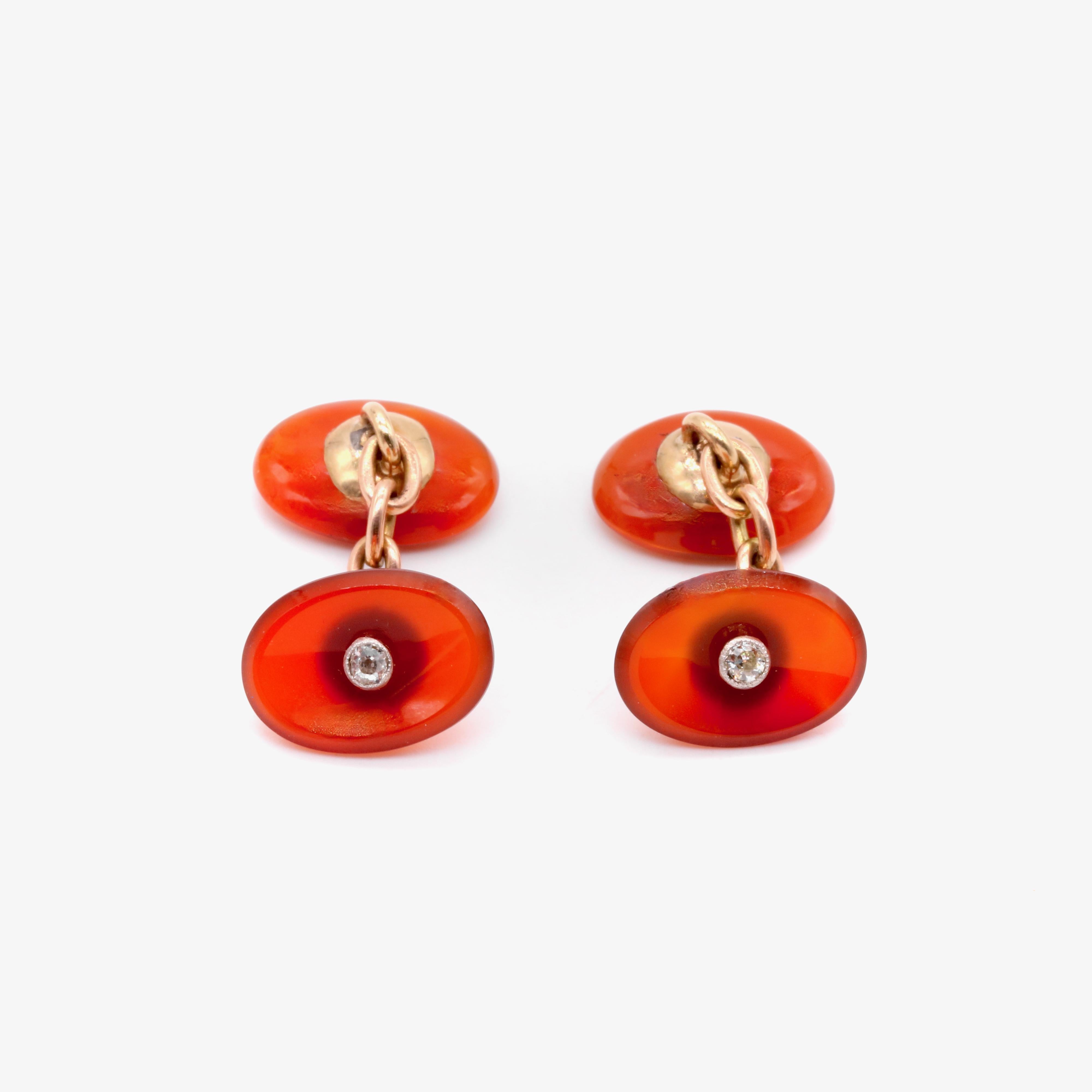 Women's or Men's A Pair of Antique 14K Yellow Gold and Platinum Carnelian and Diamond Cufflinks For Sale