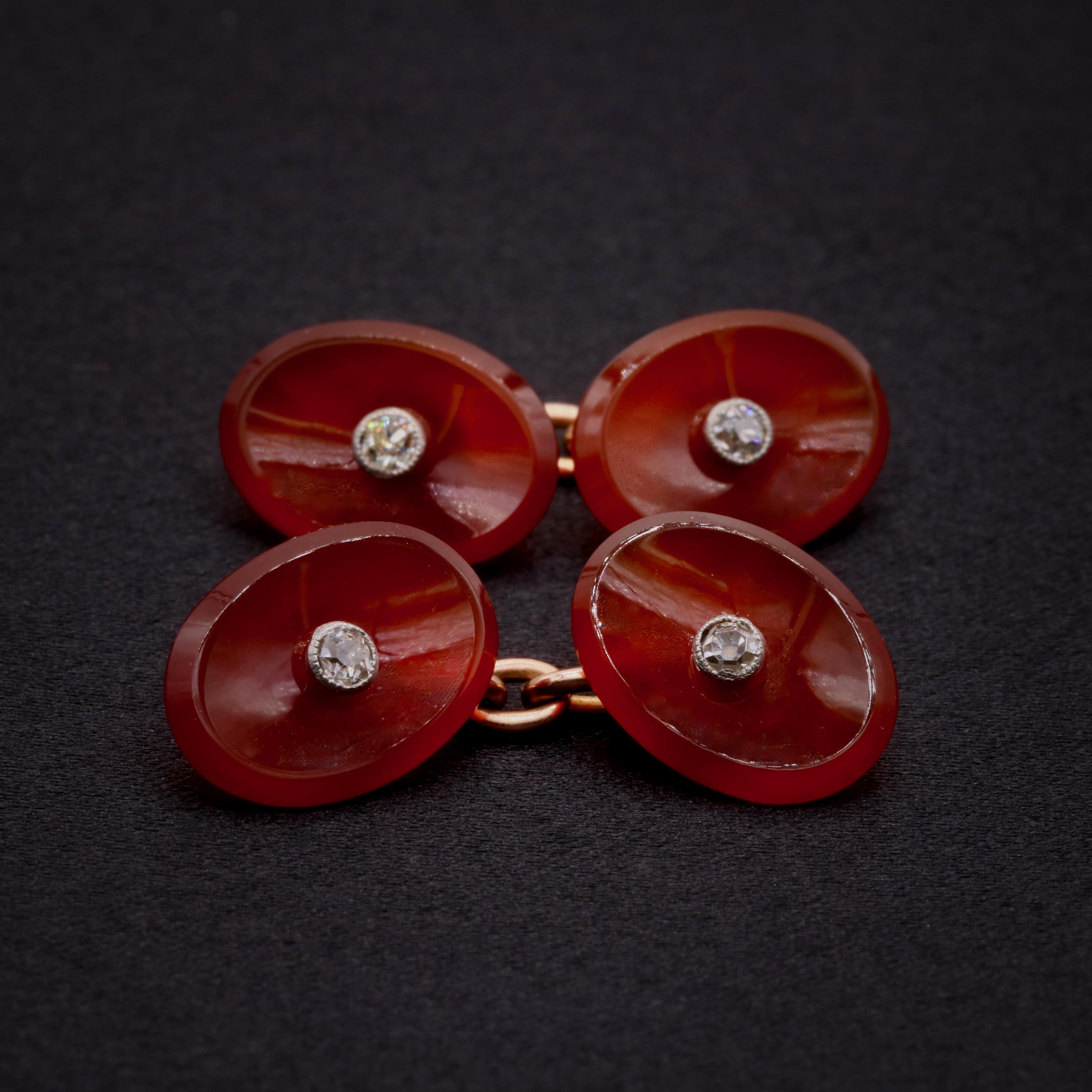 A Pair of Antique 14K Yellow Gold and Platinum Carnelian and Diamond Cufflinks For Sale 1