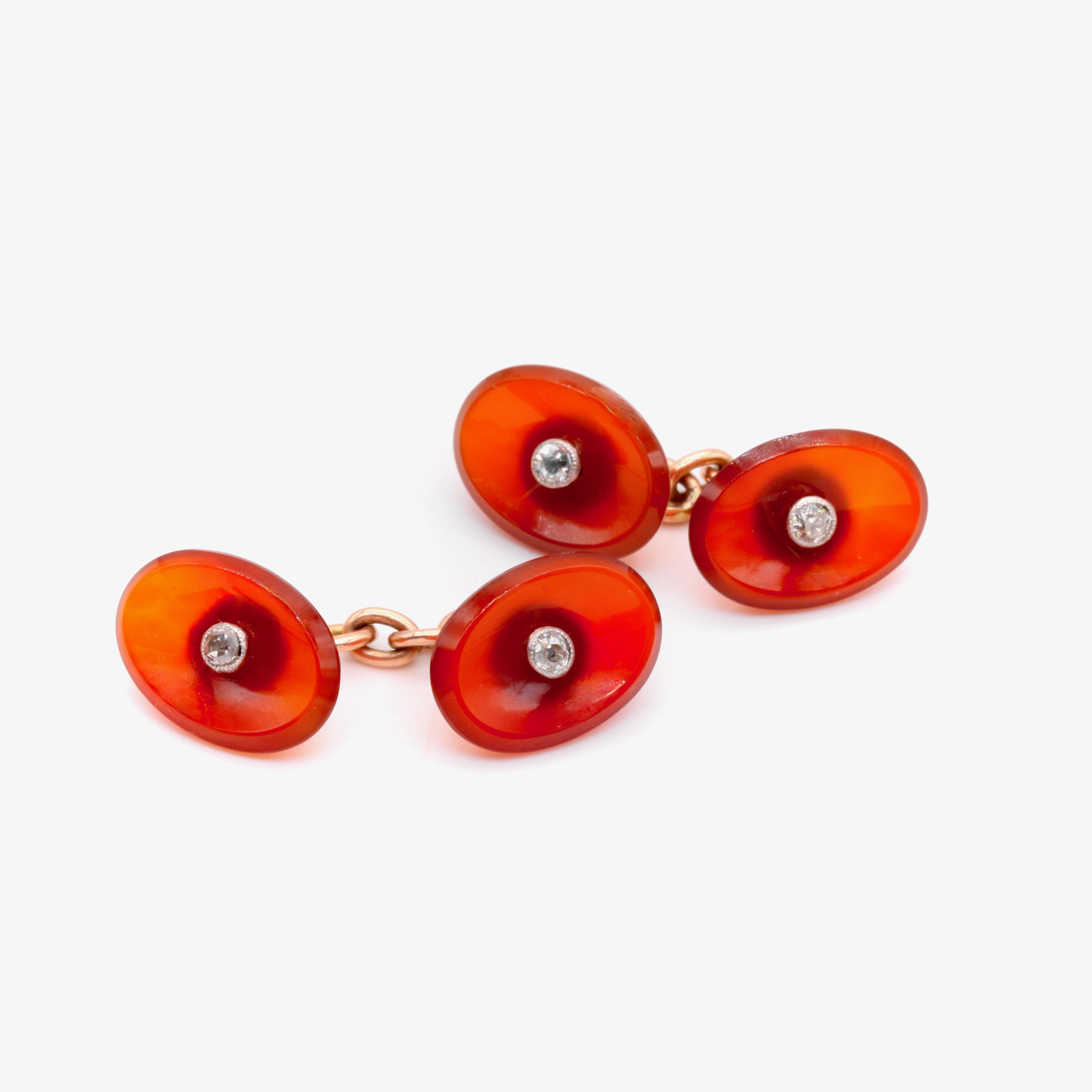 A Pair of Antique 14K Yellow Gold and Platinum Carnelian and Diamond Cufflinks For Sale 2