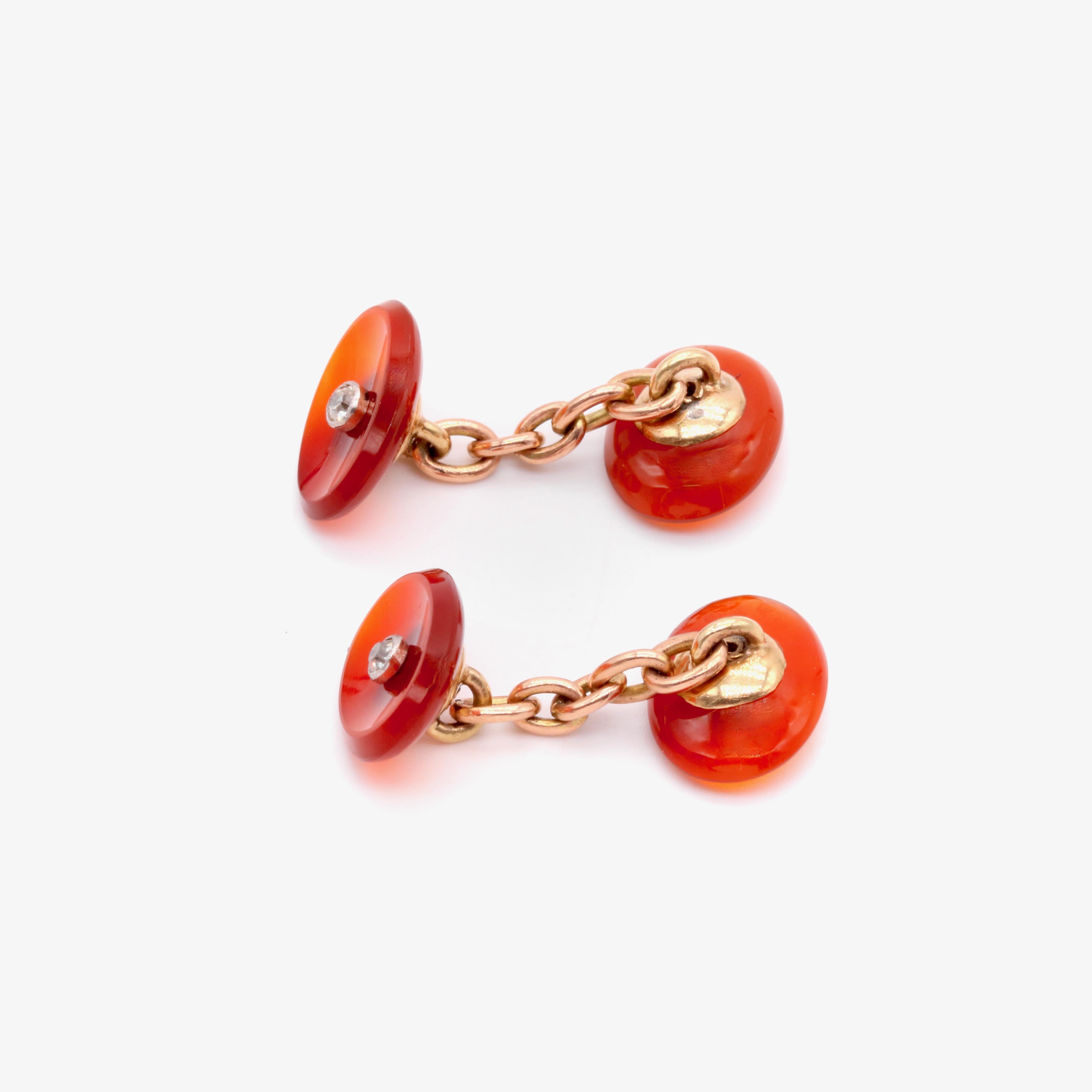 A Pair of Antique 14K Yellow Gold and Platinum Carnelian and Diamond Cufflinks For Sale 3
