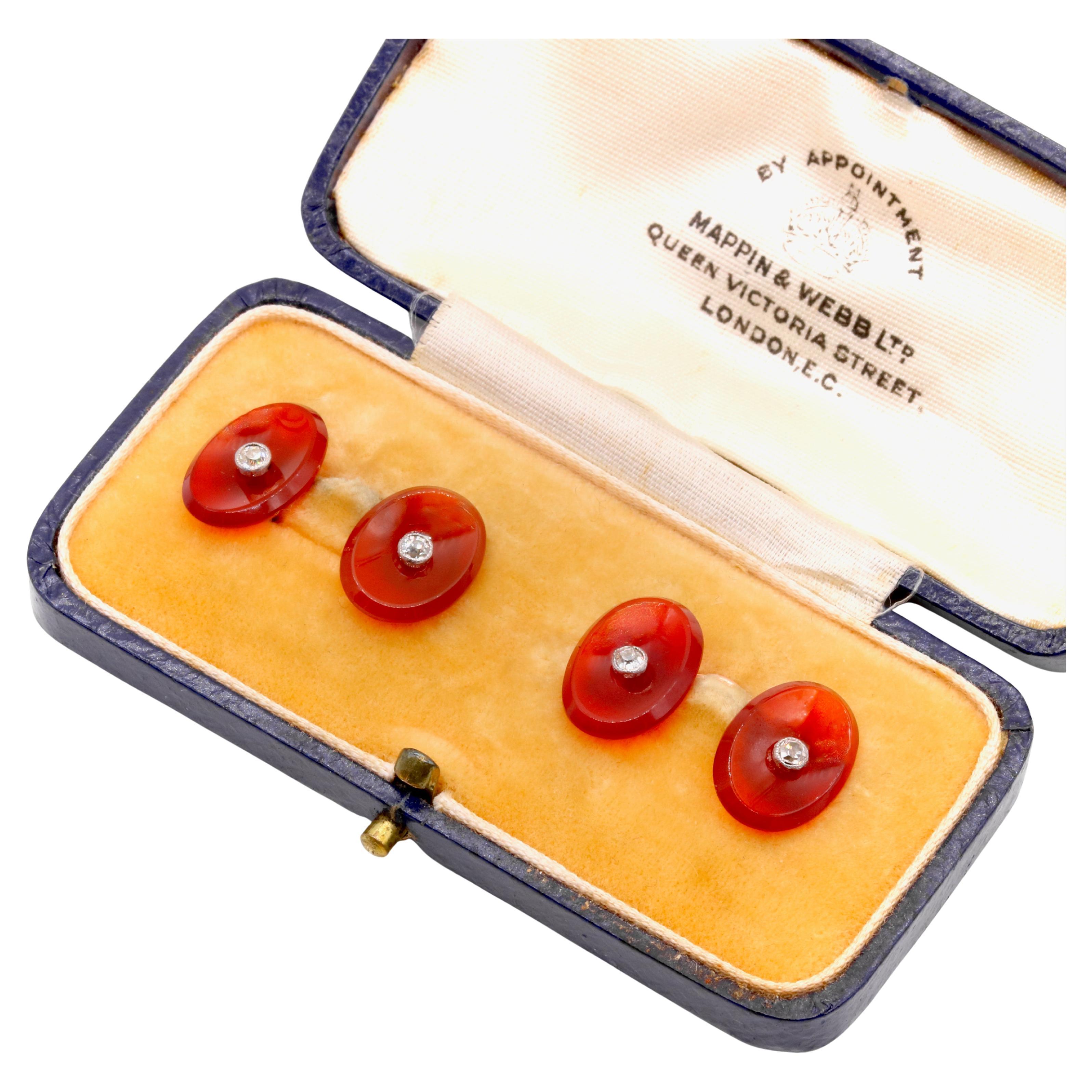 A Pair of Antique 14K Yellow Gold and Platinum Carnelian and Diamond Cufflinks For Sale